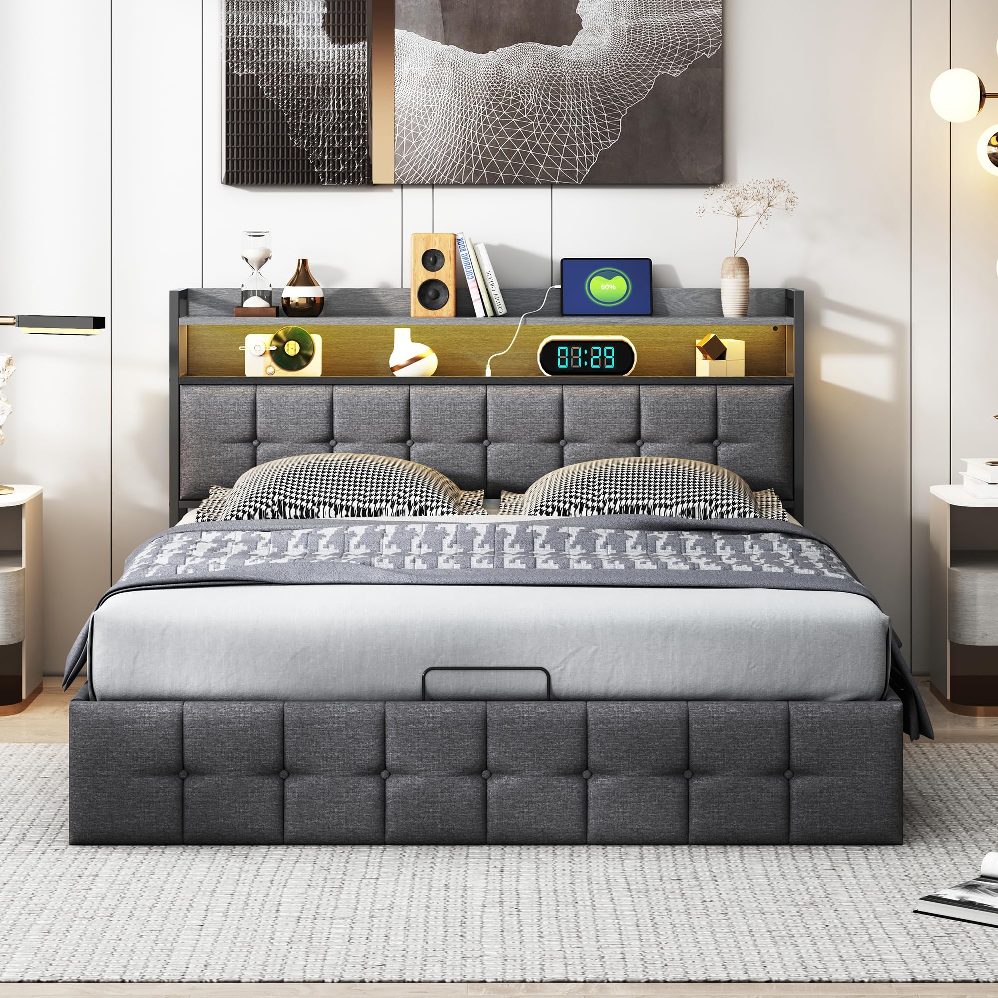 Letto imbottito 160 x 200 cm con Luci LED e Contenitore, letto matrimoniale con USB,letto imbottito con capacità idrauliche, 2 persone, per Adulti e Adolescenti