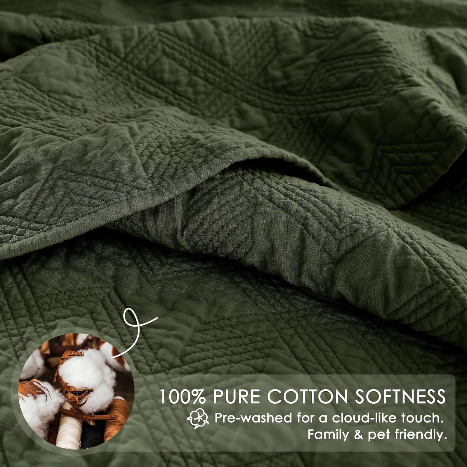 wdcozy 100% cotton queen size quilt set - olive green pre-washed soft lightweight modern bedspread, farmhouse country rustic coverlet, textured like linen, shabby chic gauze bedding, 3 pieces olive full/queen (90"x96")