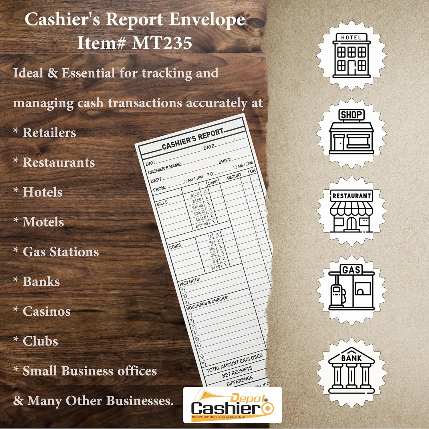 500 Cashier Depot - Cashier’s Report Envelopes MT235 – 4 1/2" x 10 3/8", White 24lb Paper, Cash Deposit Report, Money Envelopes for Retail, Restaurants, Hotels, Small Business (500 Envelopes) - Image 3