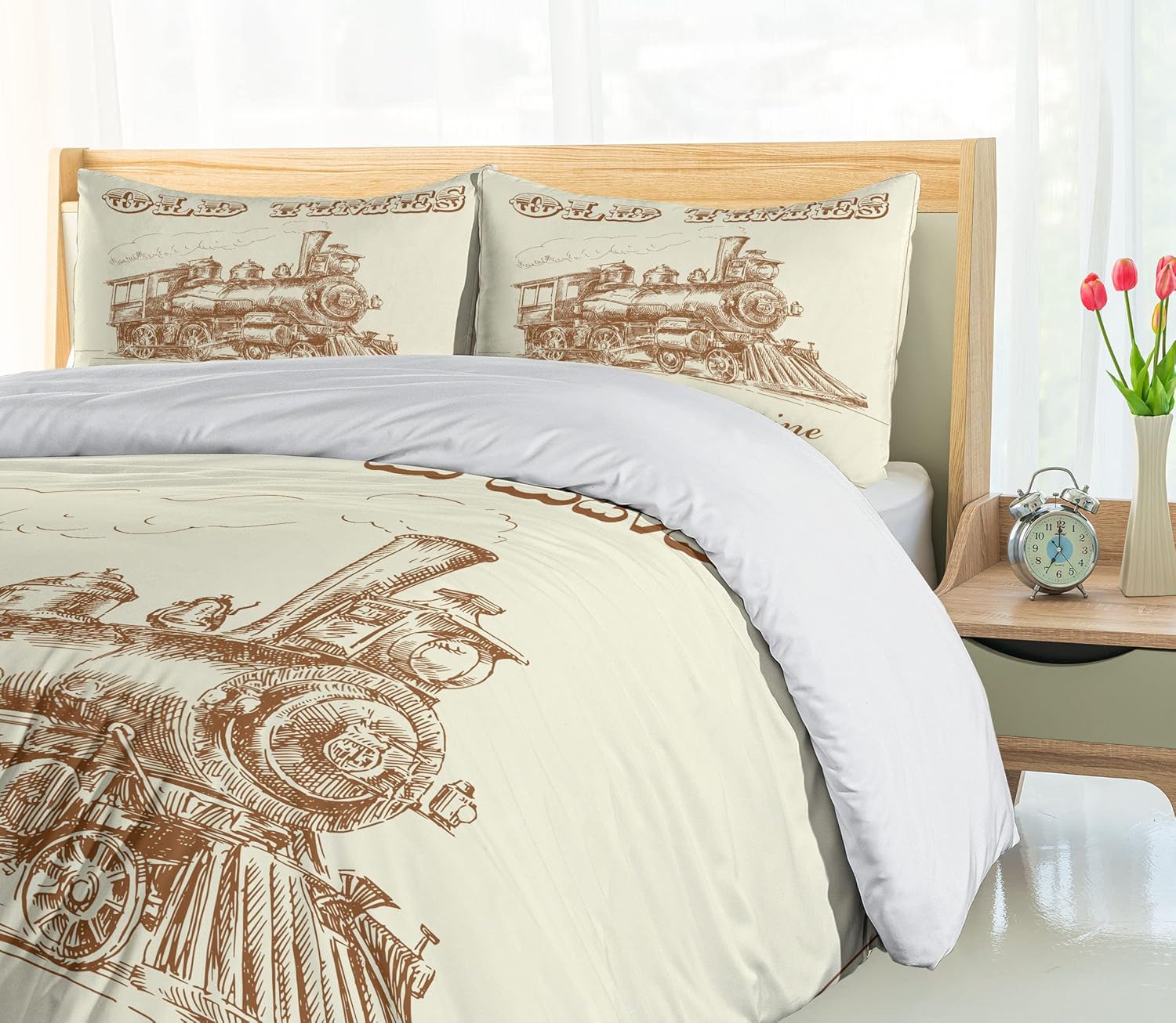 Ambesonne Steam Engine Duvet Cover Set, Old Times Train Vintage Hand Drawn Iron Industrial Era Locomotive, Decorative 2 Piece Bedding Set with 1 Pillow Sham, Twin Size, Caramel Ivory