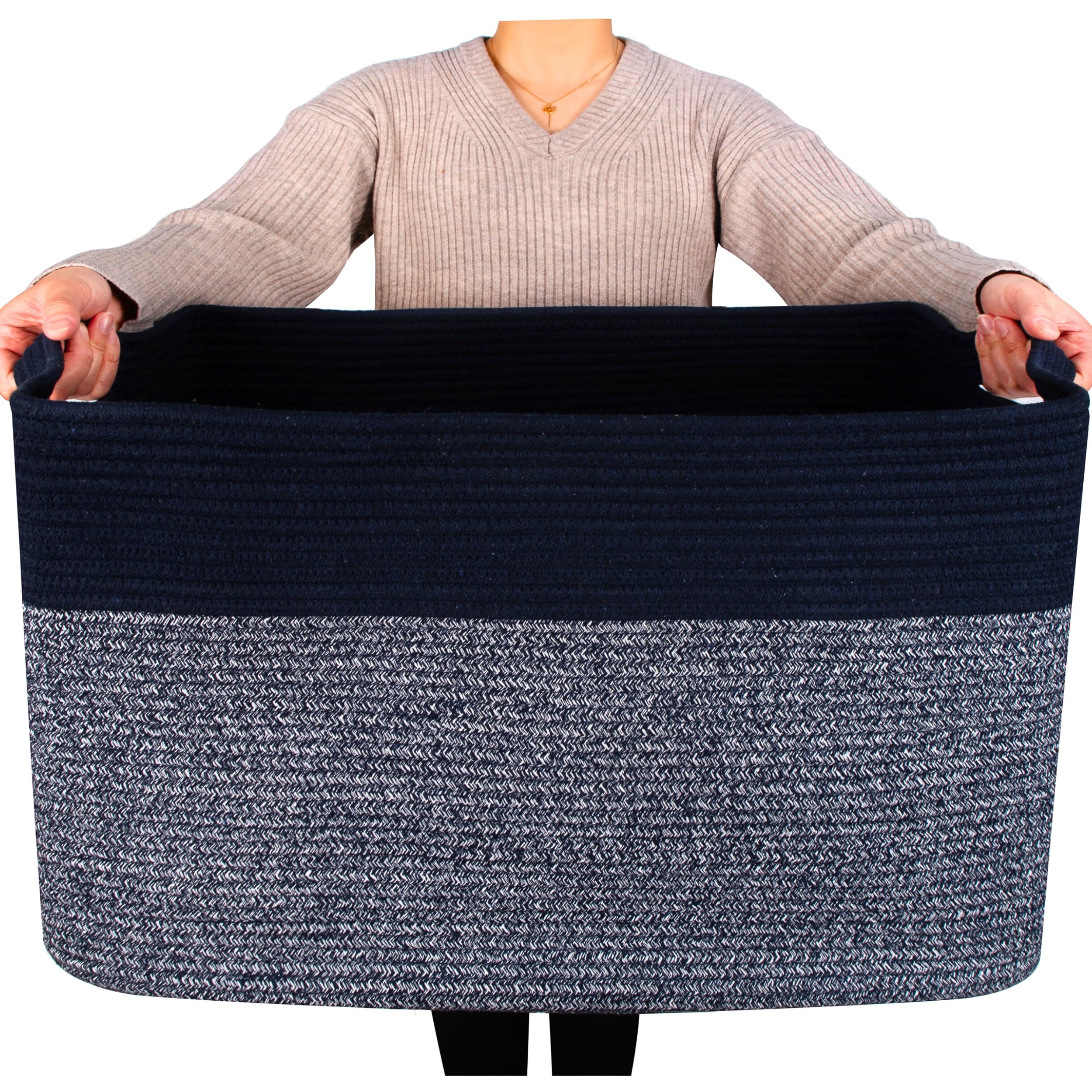 MINTWOOD Design 22in Extra Large Blanket Basket Holder for Living Room, Rectangle Rope Woven Storage Bin with Handles for Laundry, Pool Towels, and