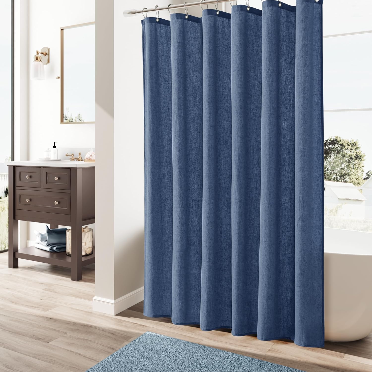 Naturoom Vintage Blue Linen Shower Curtain, Country Boho Farmhouse Bath Decor Shower Curtains Neutral Cloth Weighted Textured Fabric Bath Curtain Liner with Hooks, 72x80