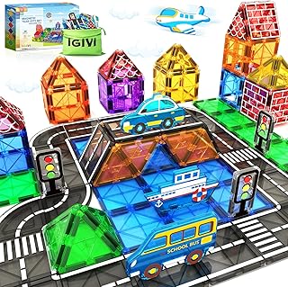 Kids Toys Magnetic Tiles - Road Set With Car Toys for 3+ Year Old Boys & Girls, Magnet Building Blocks Expansion Pack, STE...