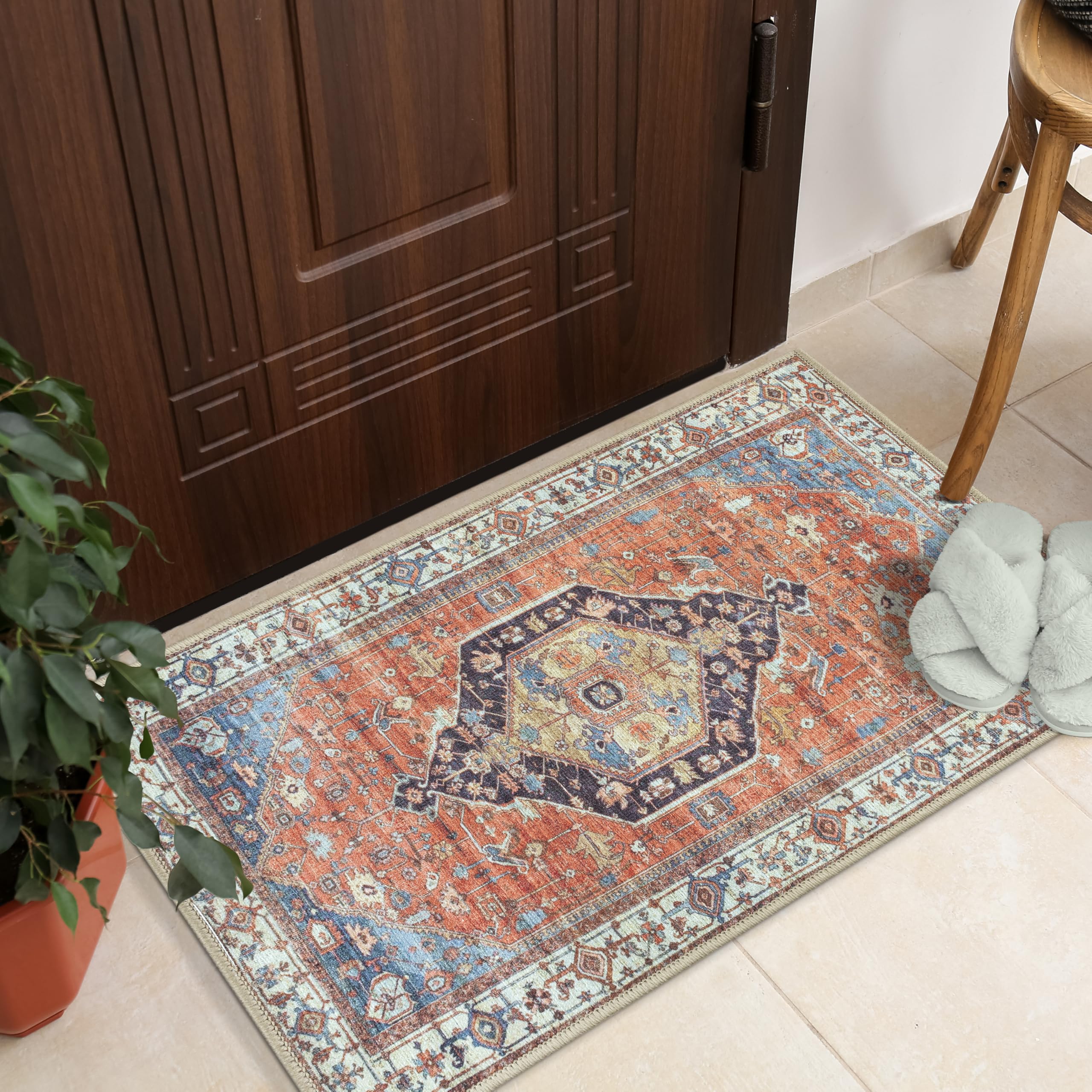 GLN Rugs Vintage Collection - Machine Washable Area Rug, Vintage Washable, Non Slip, Low Pile Rug, Living Room, Bedroom, Bathroom Rug - Easy Clean (2'