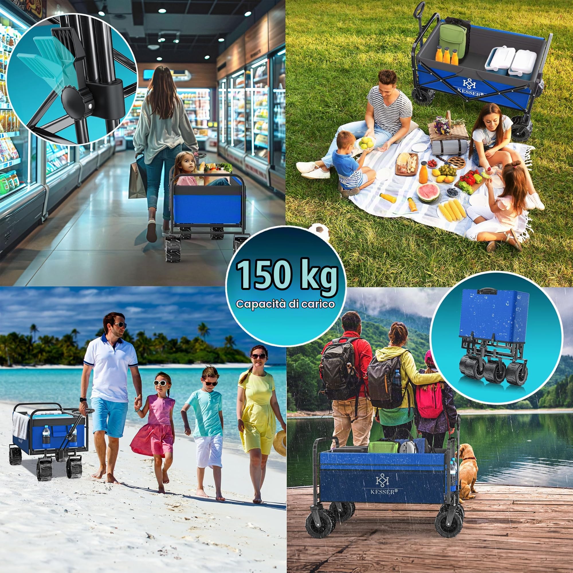 KESSER® Carrello pieghevole resistente fino a 150kg con ruote in gomma piena larga | Carrello trasportatore | Carrello per attrezzi con 2 tasche in rete e tasca laterale | Carrello da trasporto per