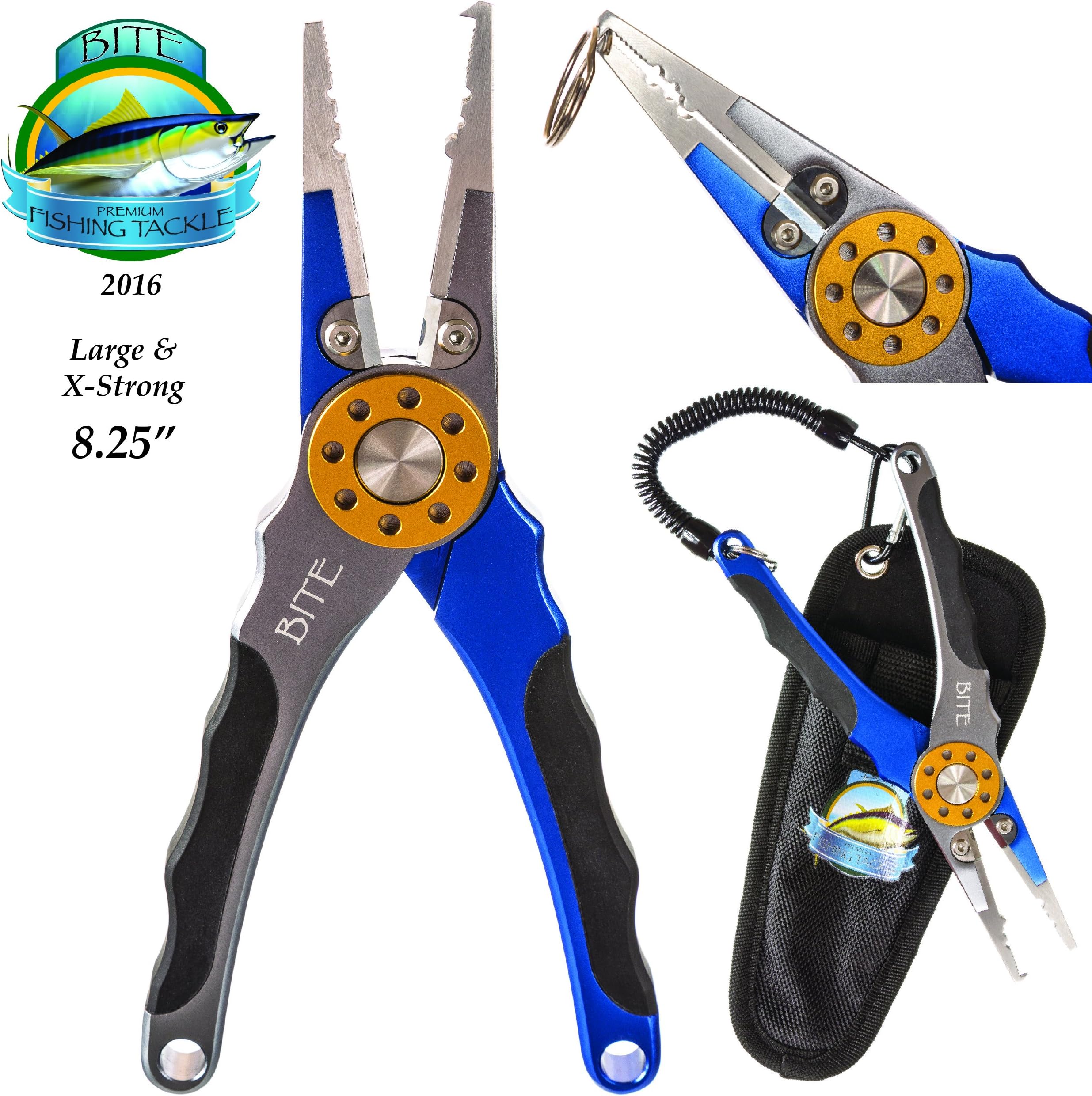 BITE Fishing Tackle Professional Aluminum Saltwater Fishing Pliers - Spring Loaded- Rubber Insert Grips-Tungsten Carbide Cutters - Award Winning Manufacturer- w/ Sheath & Lanyard