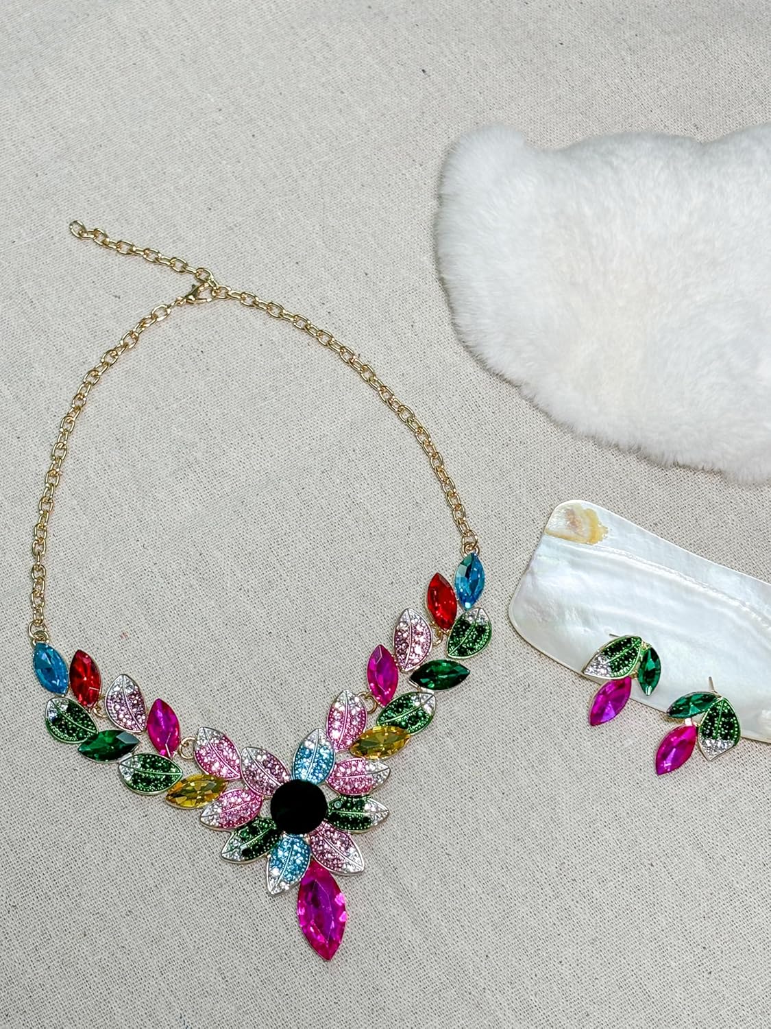 Women Jewelry Set Rhinestone Crystal leaf shape Statement Choker Necklace Teardrop Cluster Dangle Earrings Set for Wedding Prom Party - Image 2