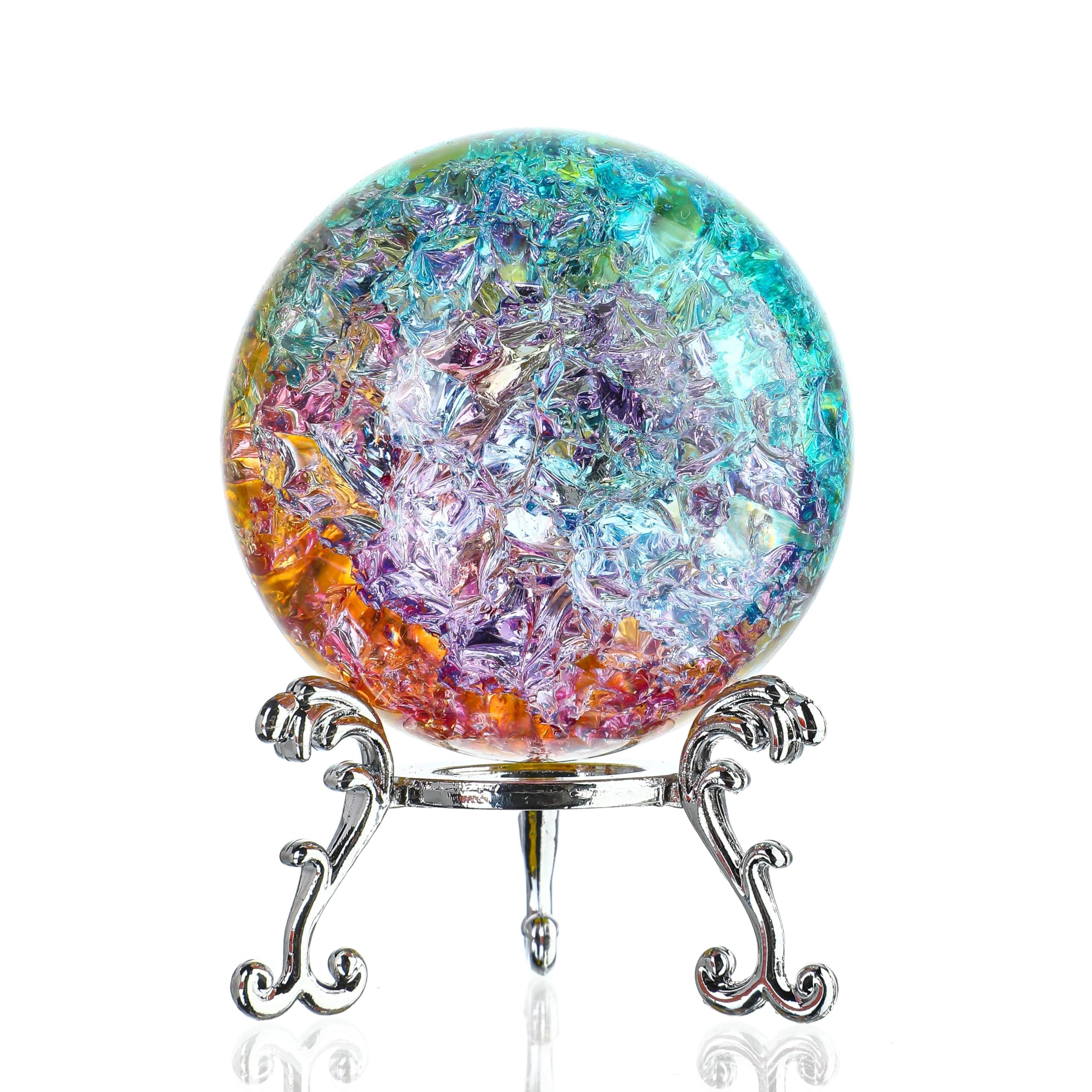 ZEERSHEE 60mm Colorful Ice Cracked Crystal Ball with Stand Decorative Glass Ball Paperweight for Home Wedding Office Decor