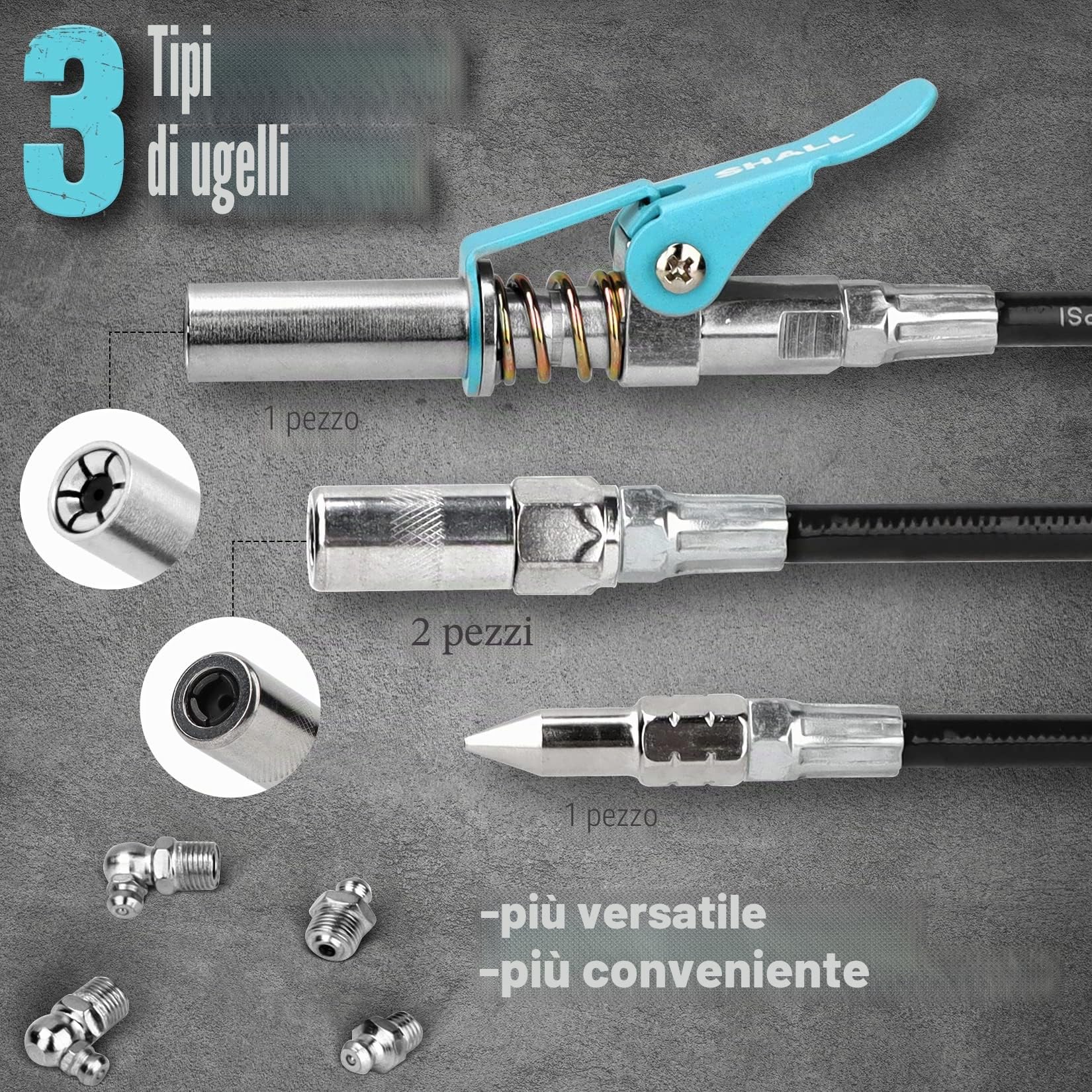 SHALL Pistola per grasso, kit pistola per grasso con impugnatura a pistola per carichi pesanti da 7000 PSI, tubo flessibile a molla da 18", ugello affilato, | Carico di 14 once