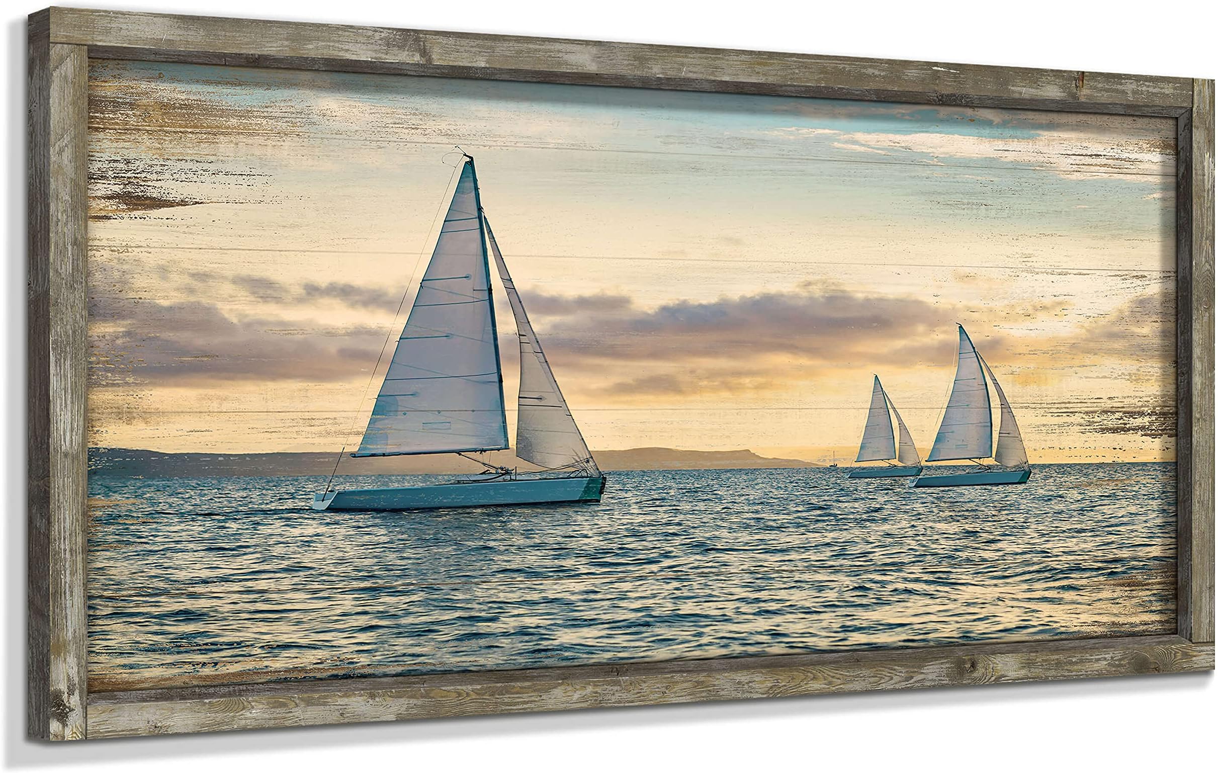 Ocean Framed Wooden Wall Art: Coastal Painting Art 40"x20" Sail Boats Artwork Decor Sunset Seascape Picture Prints for Office
