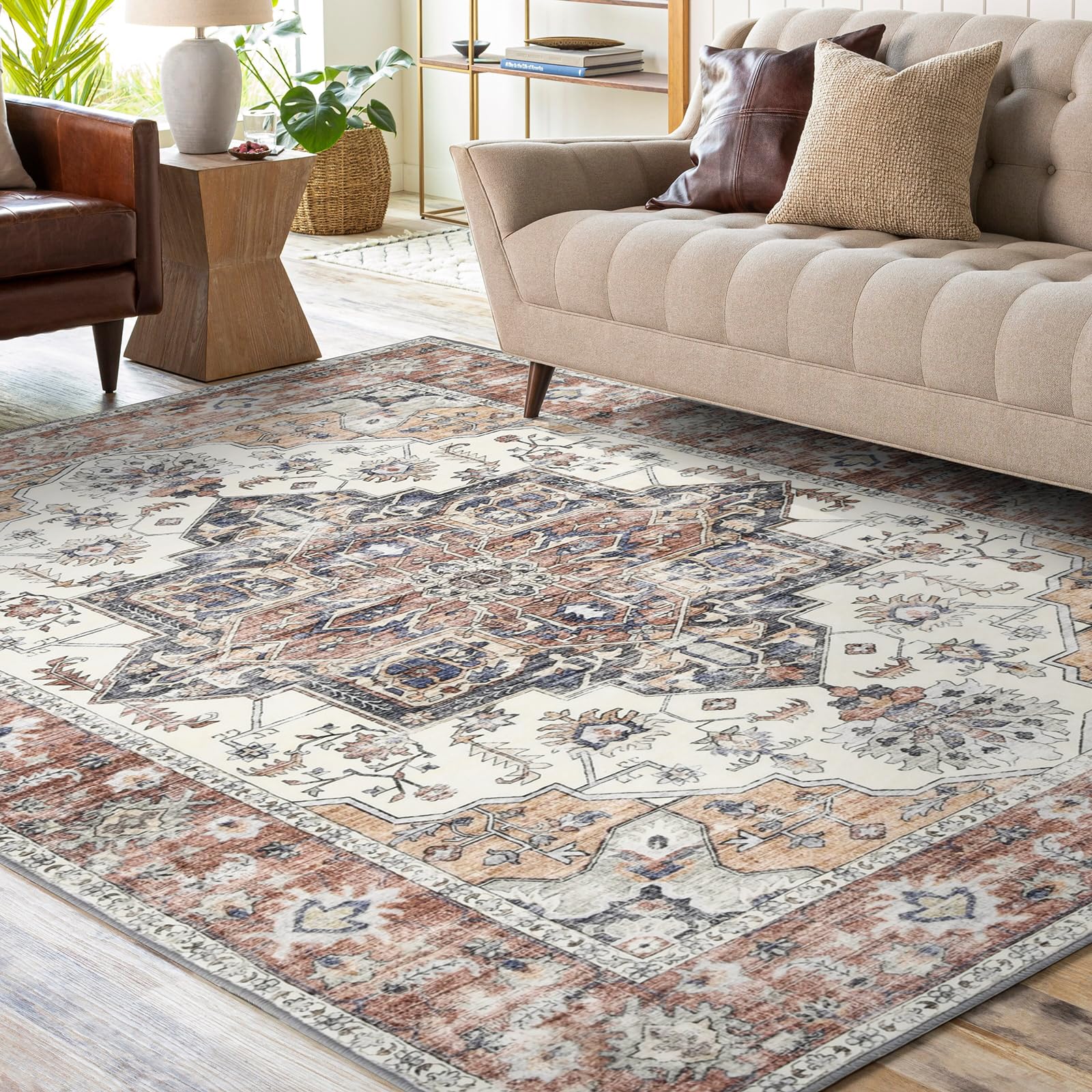 Machine Washable Rugs for Living Room 160x230 cm Vintage Boho Distressed Rug Large Area Rugs for Bedroom Dining Room Office Anti Slip Rug, Brick-Red