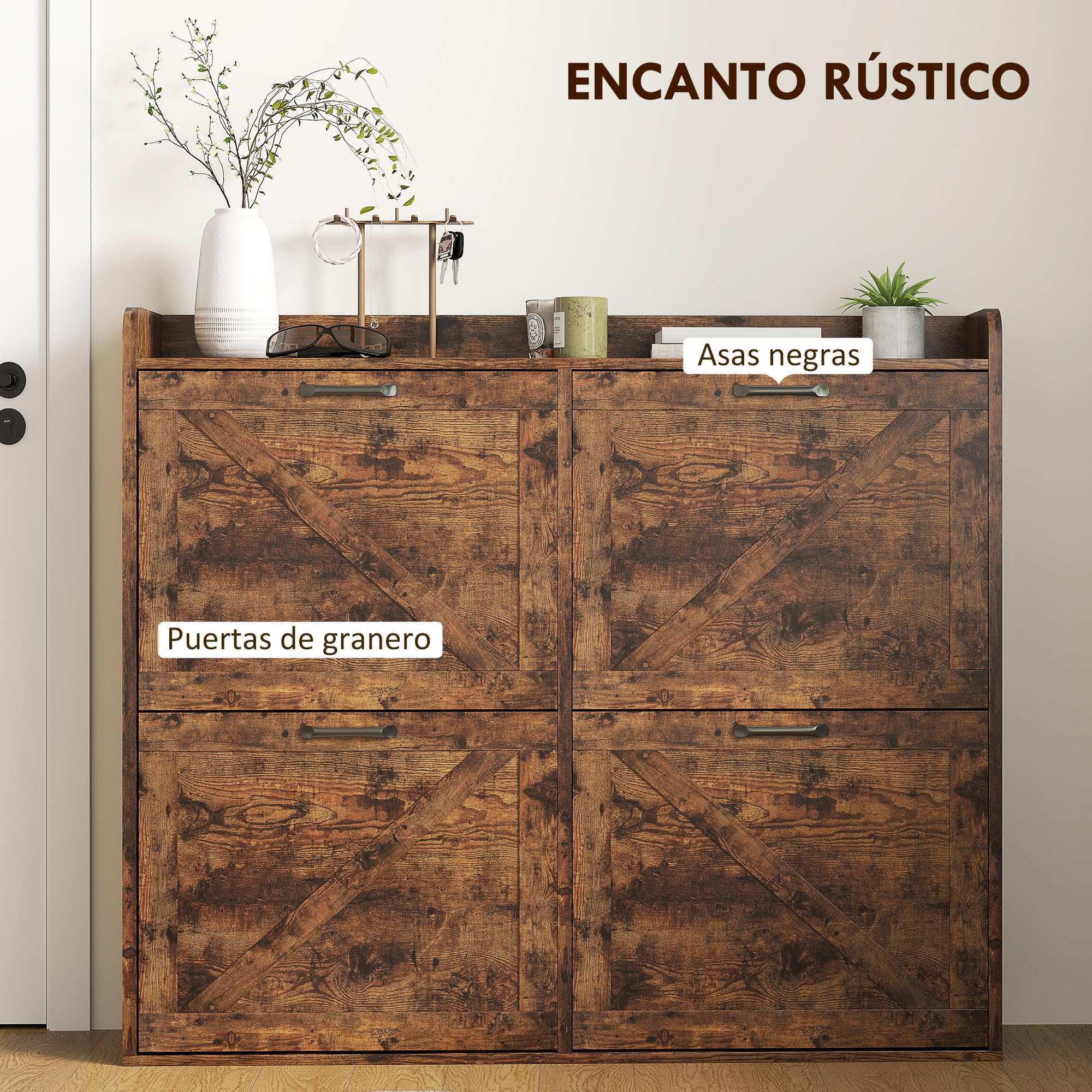 HOMCOM Mueble Zapatero Estrecho 4 Puertas 120x24x103 cm Marrón Rústico | Zapatero, Estantes Ajustables, Estilo Industrial, para 24 Pares de Zapatos, hasta Talla 46, para Recibidor Entrada
