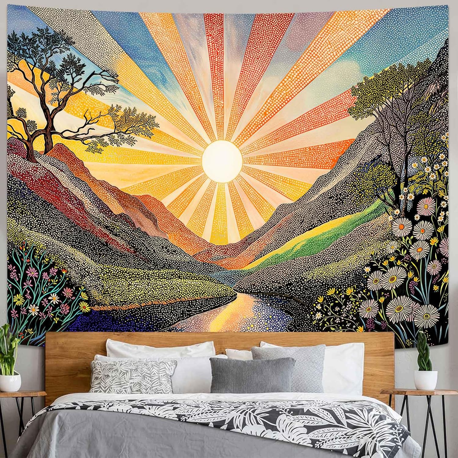 Yeoiat Tapestry Colorful Landscape Tapestries Nature Scene Tapestries Sunburst Flower Field Wall Tapestry Bedroom Dormitory Living Room Decoration 90"x70"