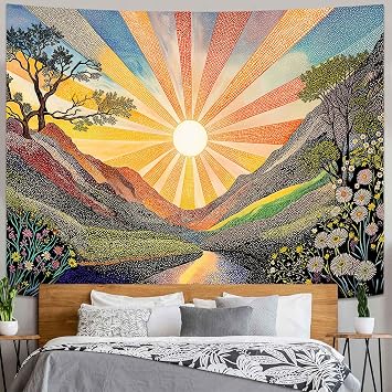 Yeoiat Tapestry Sunburst Valley Tapestries Colorful Landscape Tapestries Mountain River Floral Wall Tapestry Bedroom Dormitory Living Room Decoration 90"x70"