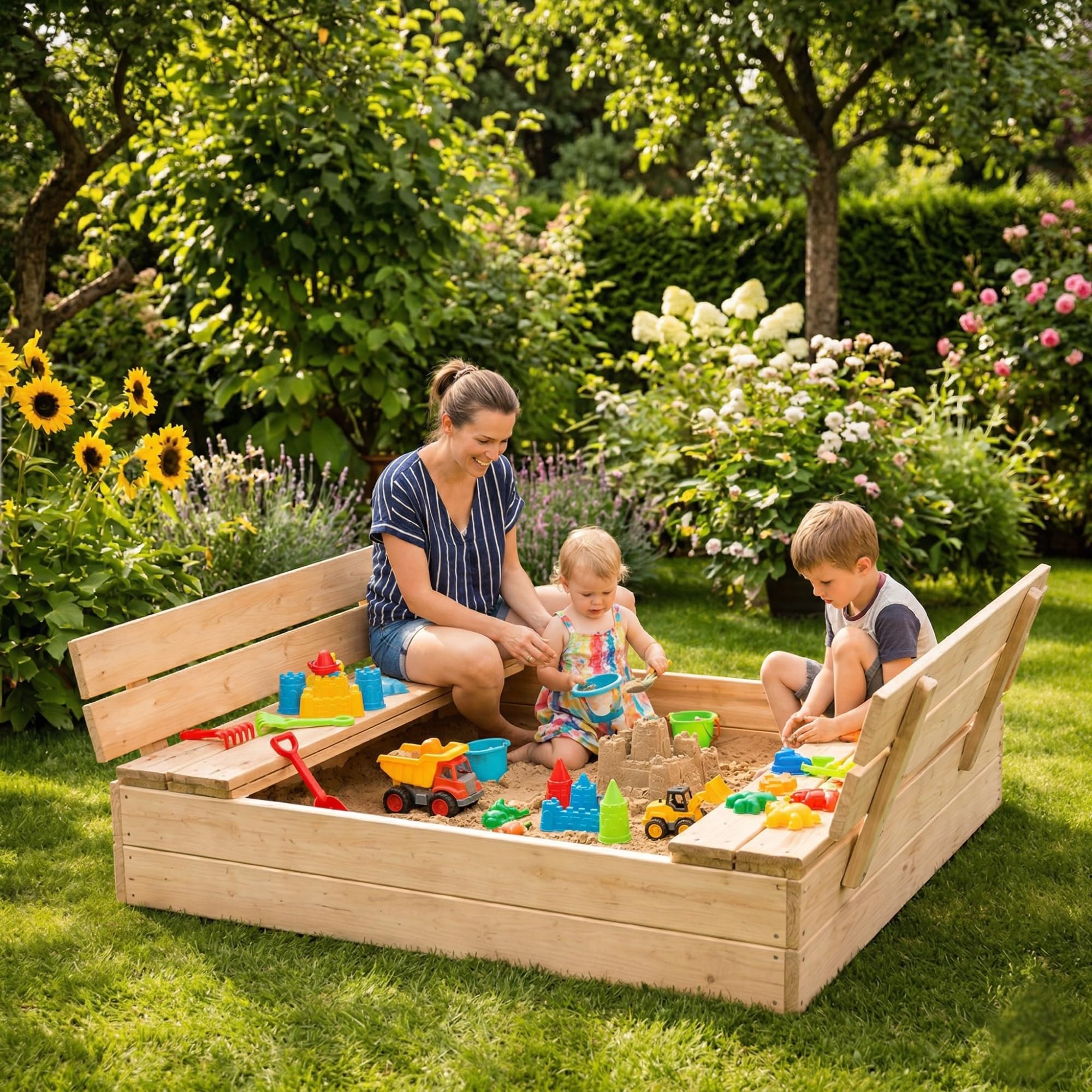Sandkasten mit Abdeckung - 120 x 120 cm - Sandkasten Holz mit Deckel & Sitzbänken - Gartenspielzeug für Kinder - Sandkiste Imprägniert - Sandbox - Naturholz