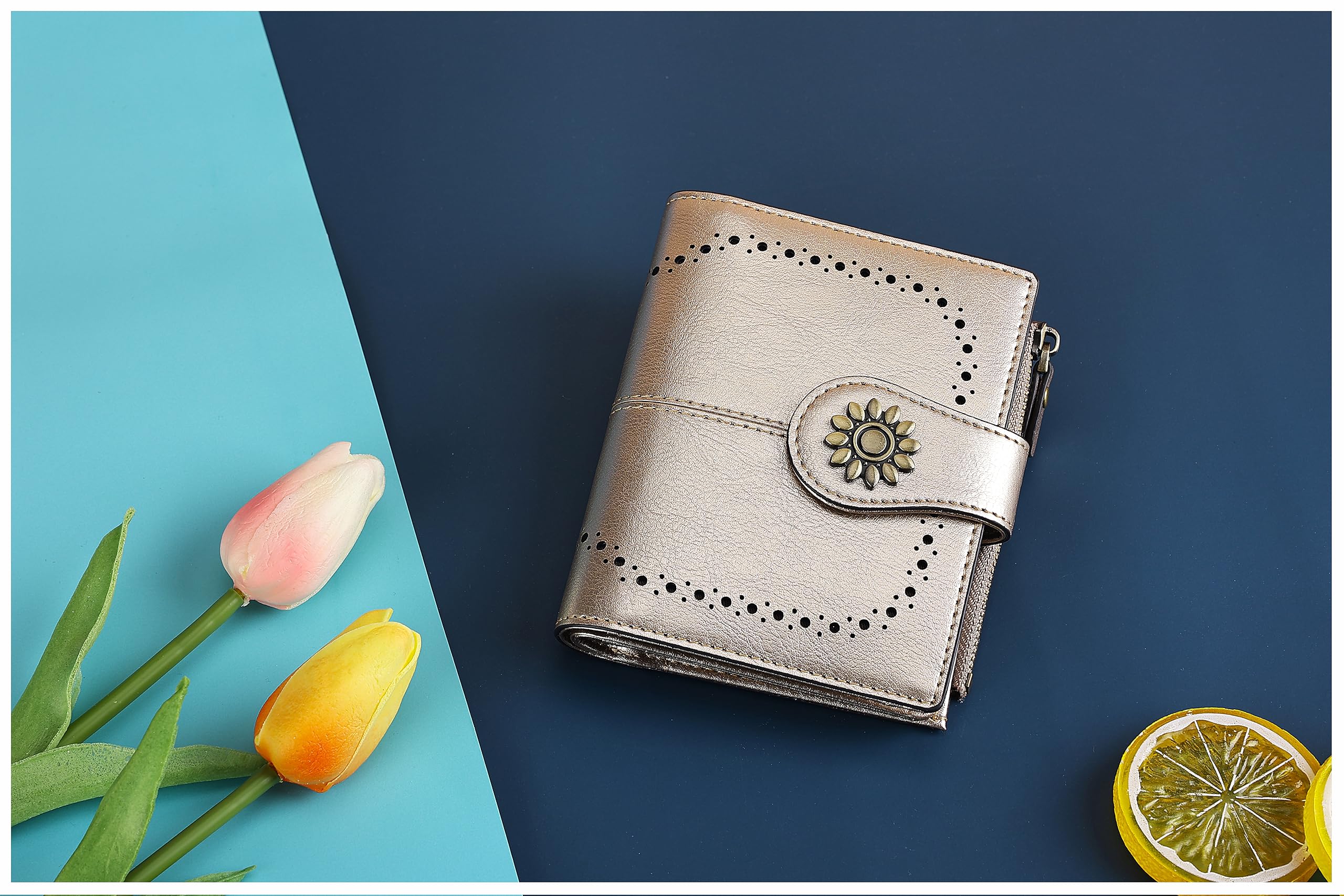 Lavemi Cartera de piel para mujer con bloqueo RFID, pequeño y compacto para tarjetas de crédito, para mujer, con bolsillo con cremallera para ventana de identificación