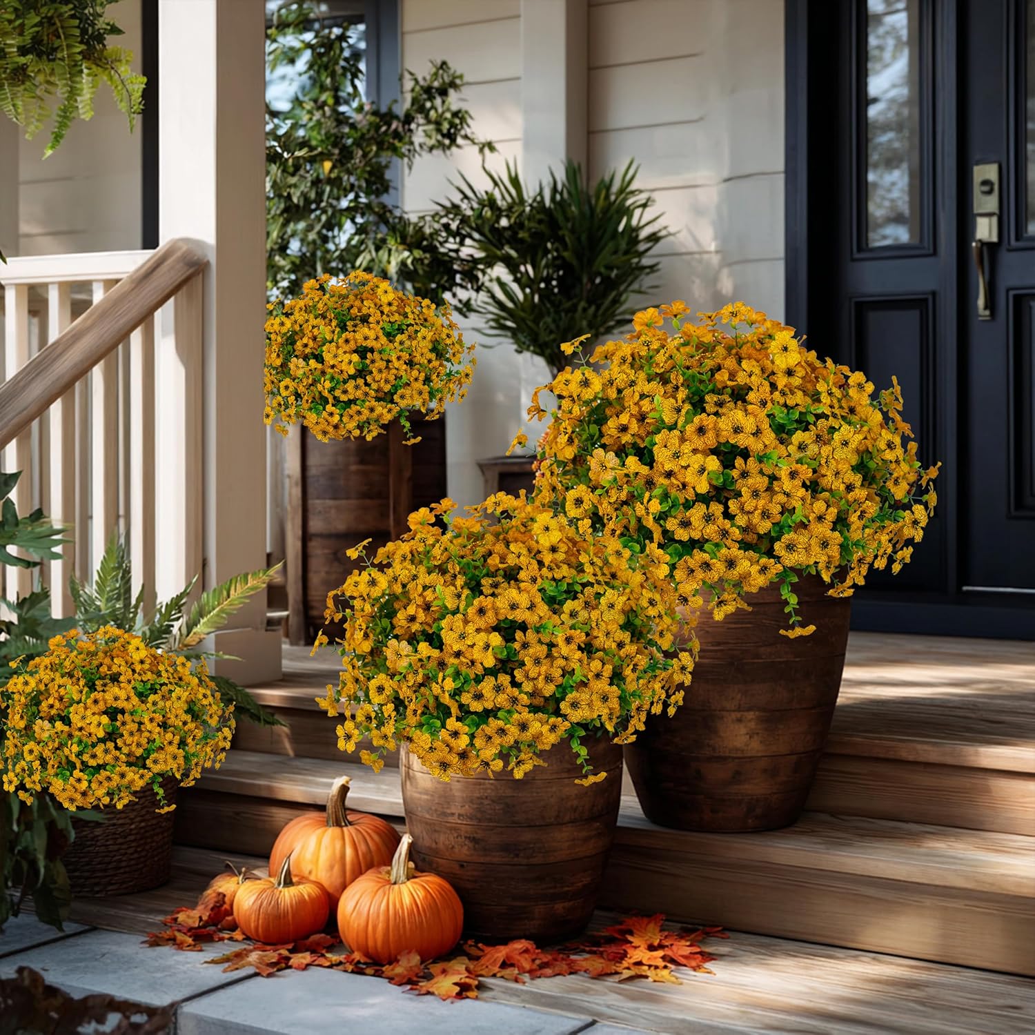 Artificial Fall Flowers for Outdoors Fake Mums - 16 Bundles Faux Plants Outside Greenery Boxwood No Fade Plastic Shrubs Decor Farmhouse Home Garden Thanksgiving (Yellow) - Image 4