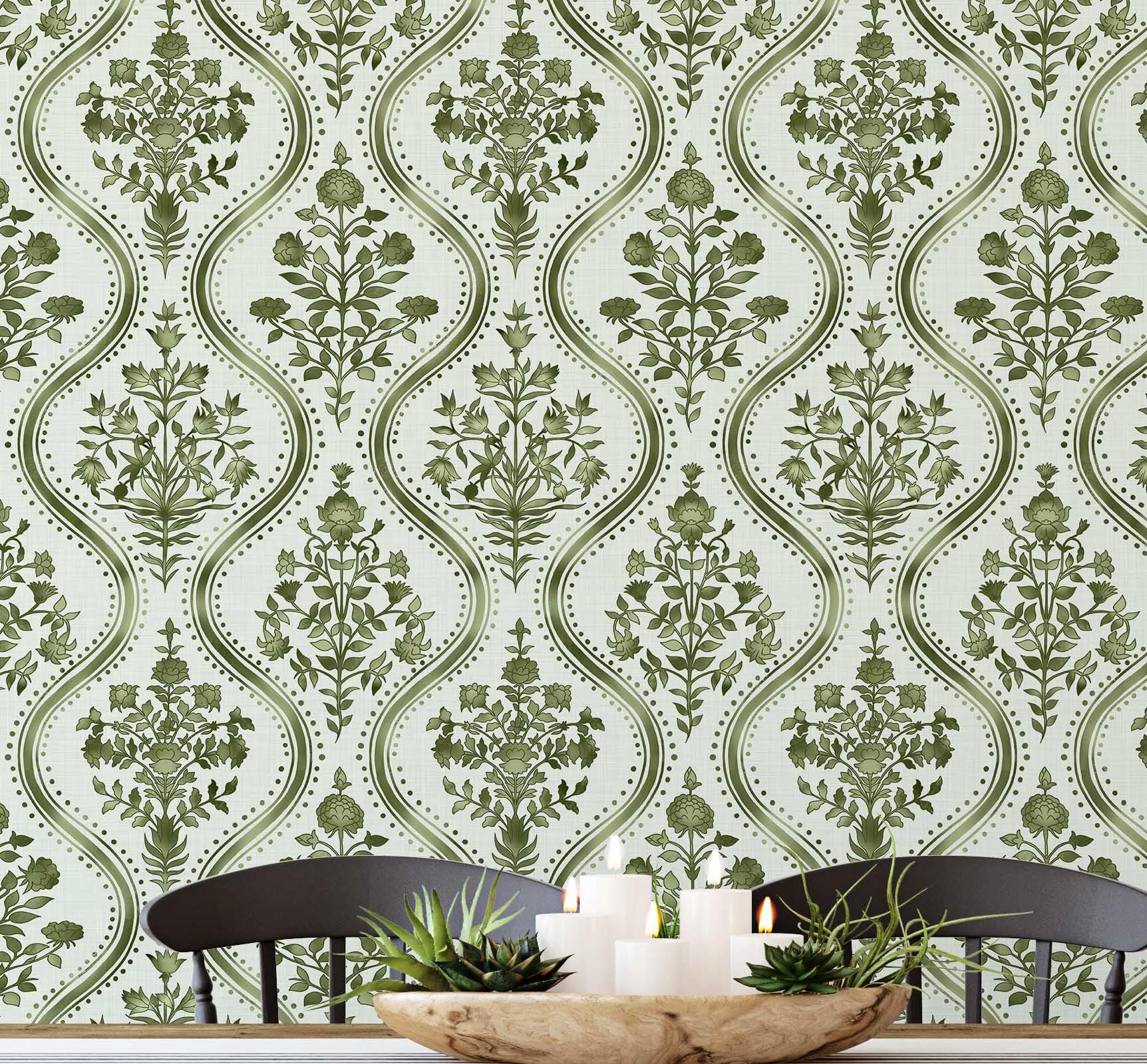 Papier peint floral royal asiatique S4Sassy vert en vinyle autocollant 63x304 cm