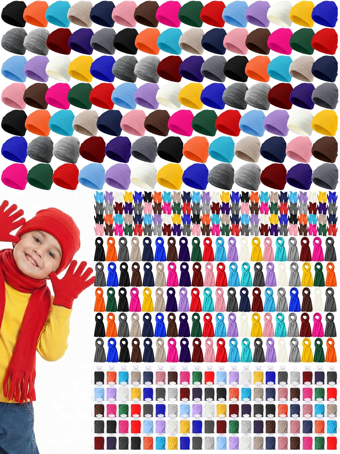 Shyyween 180 Pcs/300 Pcs Kid Beanie Hats Gloves Scarves Winter Set Bulk with Organza Bags, Unisex Christmas Gift for Homeless