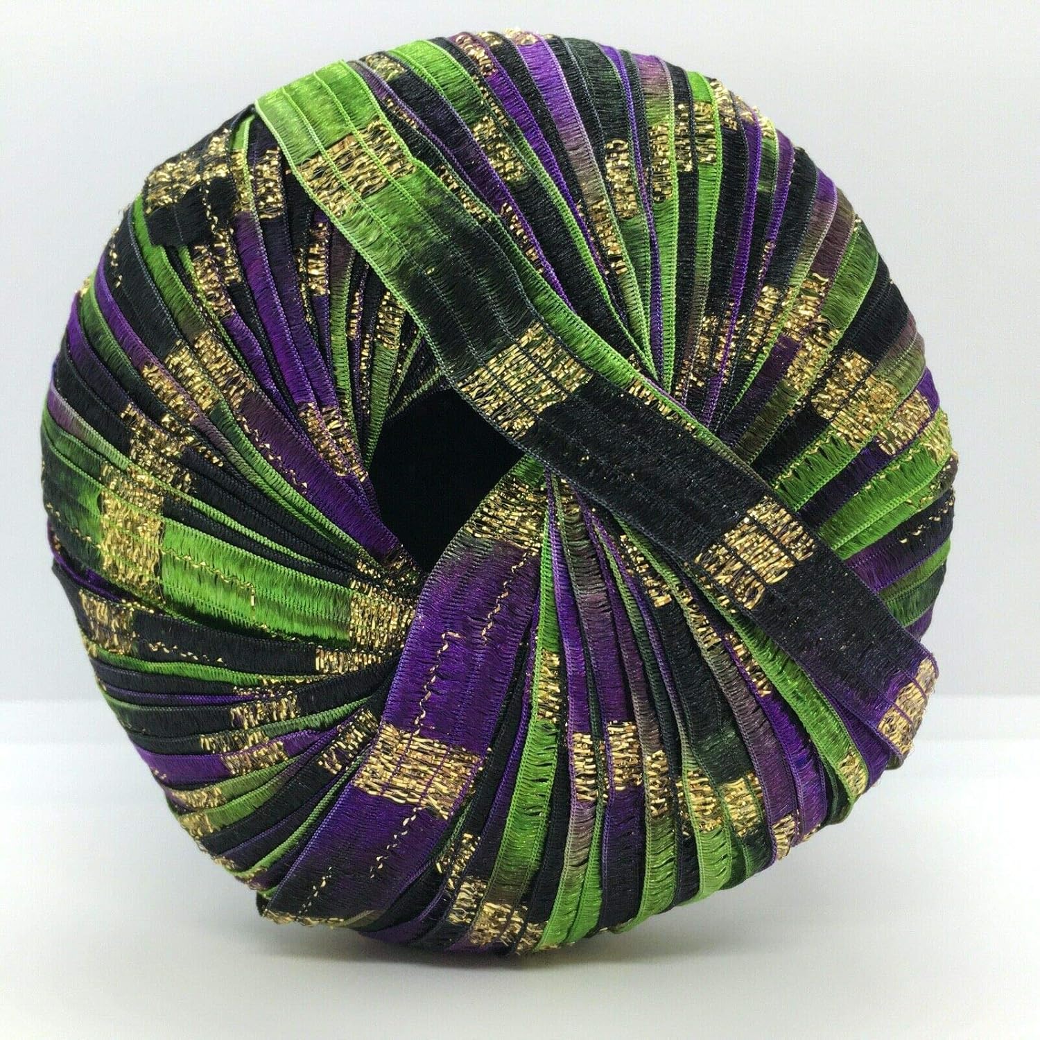 Memento Royale Berlini Glitter Ribbon Yarn 50 Gram, 88 Yards, 3/8 Wide #107 Grapevine - Green, Purple, Black with Gold Metallic