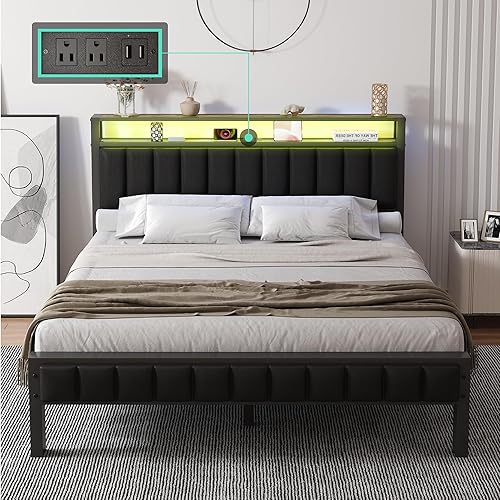 Miniatura 19 de Base de cama de tamaño matrimonial, plataforma LED con cabecera de piel sintética, estación de carga, espacio de almacenamiento de 2 niveles, no