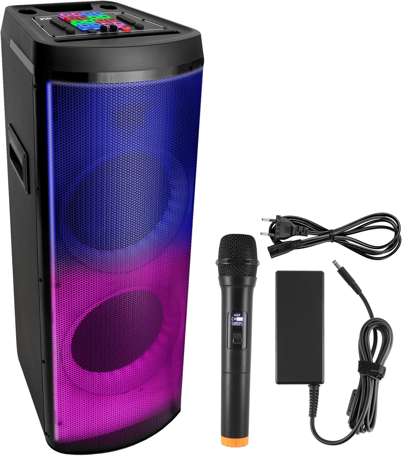 Pyle Portable PA Party Speaker with included wireless microphone and power adapter.