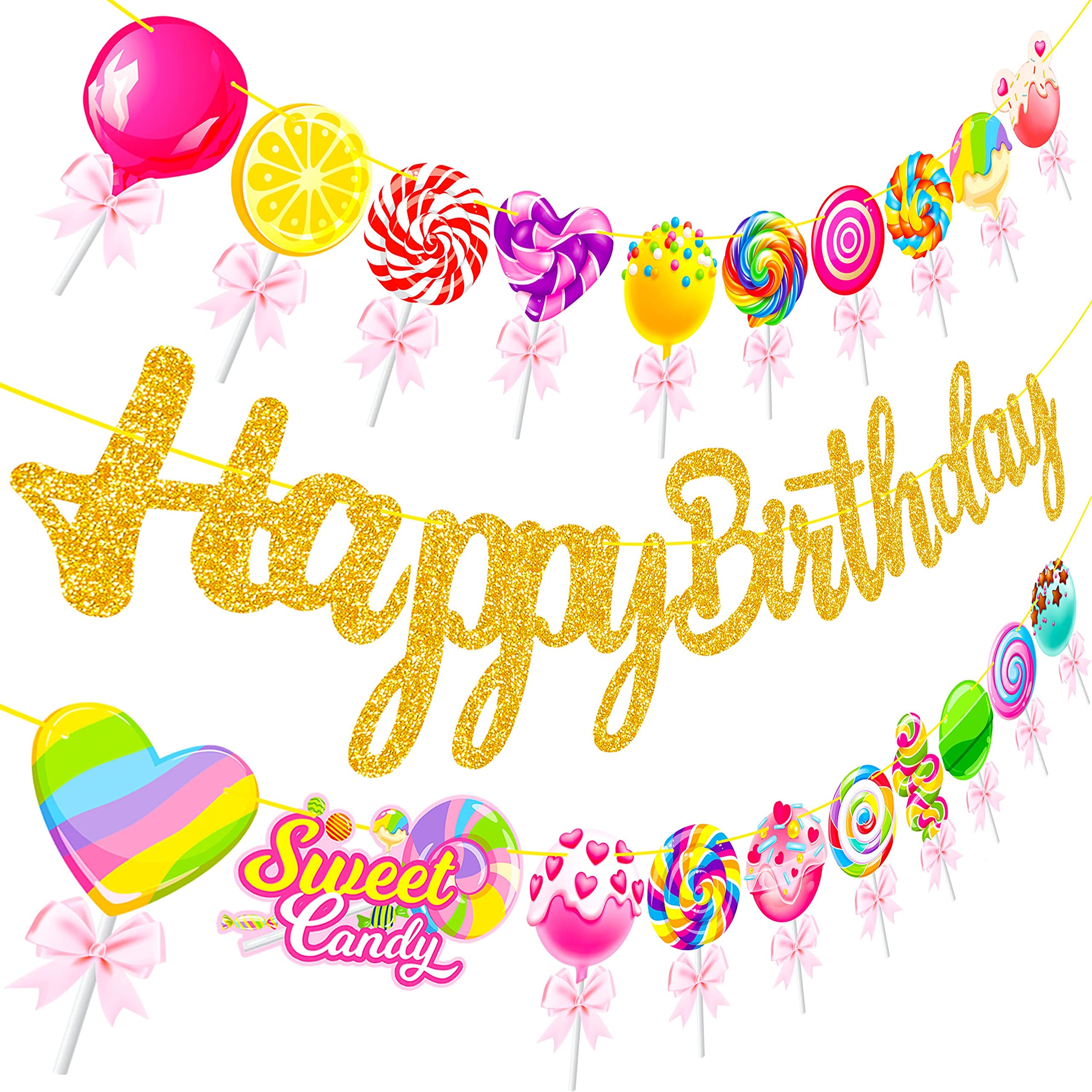 Candyland - Carteles de fiesta de feliz cumpleaños, 3 pancartas recortadas para fiesta de caramelos, decoración de fiesta de piruletas para fiesta de Candyland, suministros de baby shower
