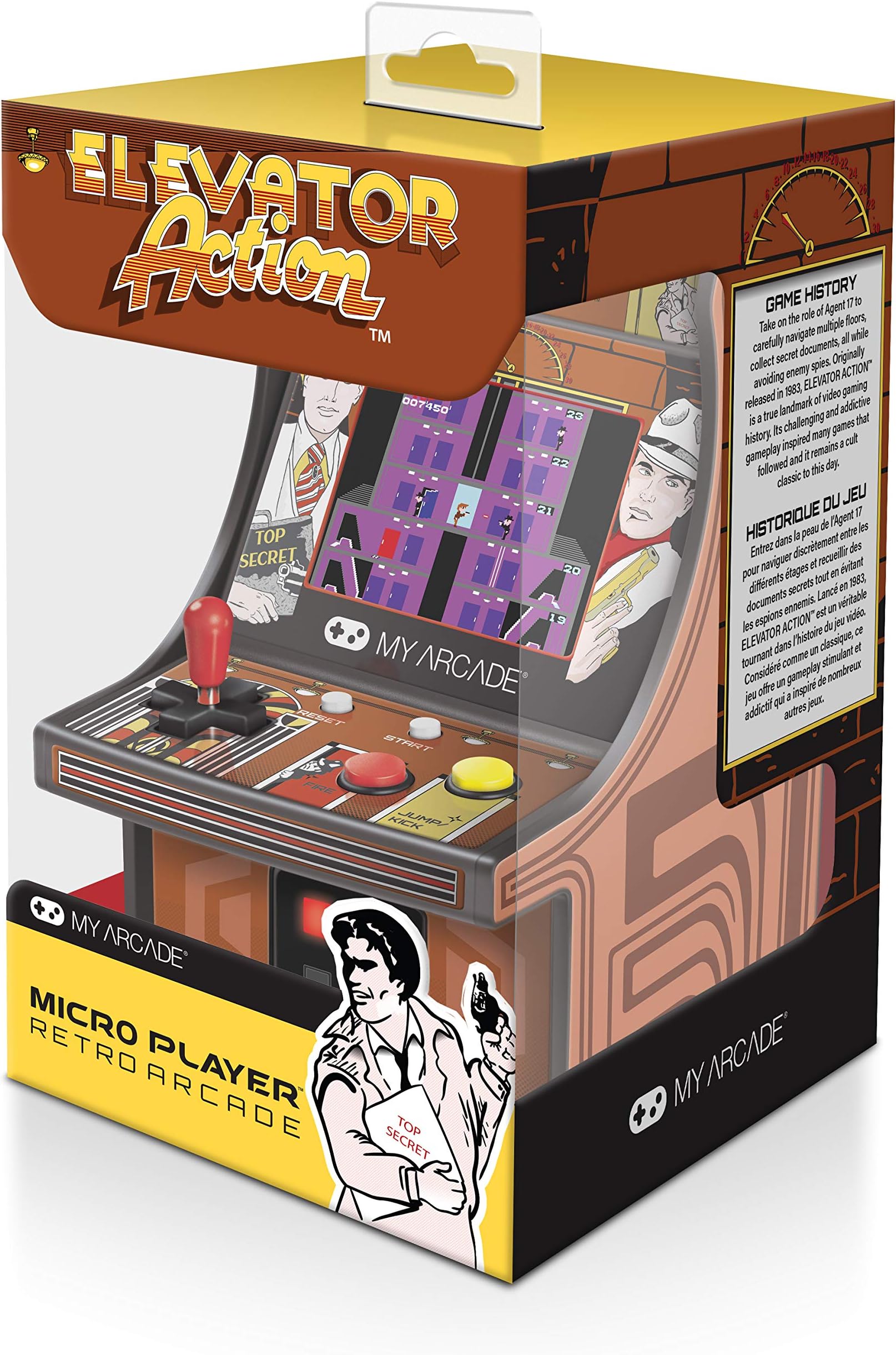 Micro Player Mini Arcade Machine: Elevator Action Video Game, Fully Playable, 6.75 Inch Collectible, Color Display, Speaker, Volume Buttons, Headphone Jack, Battery or Micro USB Powered