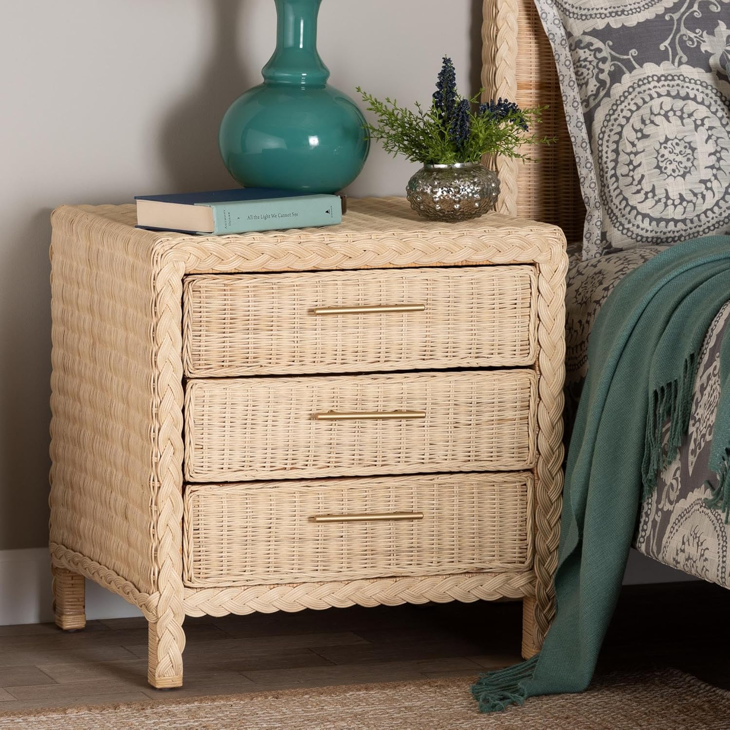 Bali & pari Lanica Japandi Sun Bleached Rattan 3-Drawer Nightstand