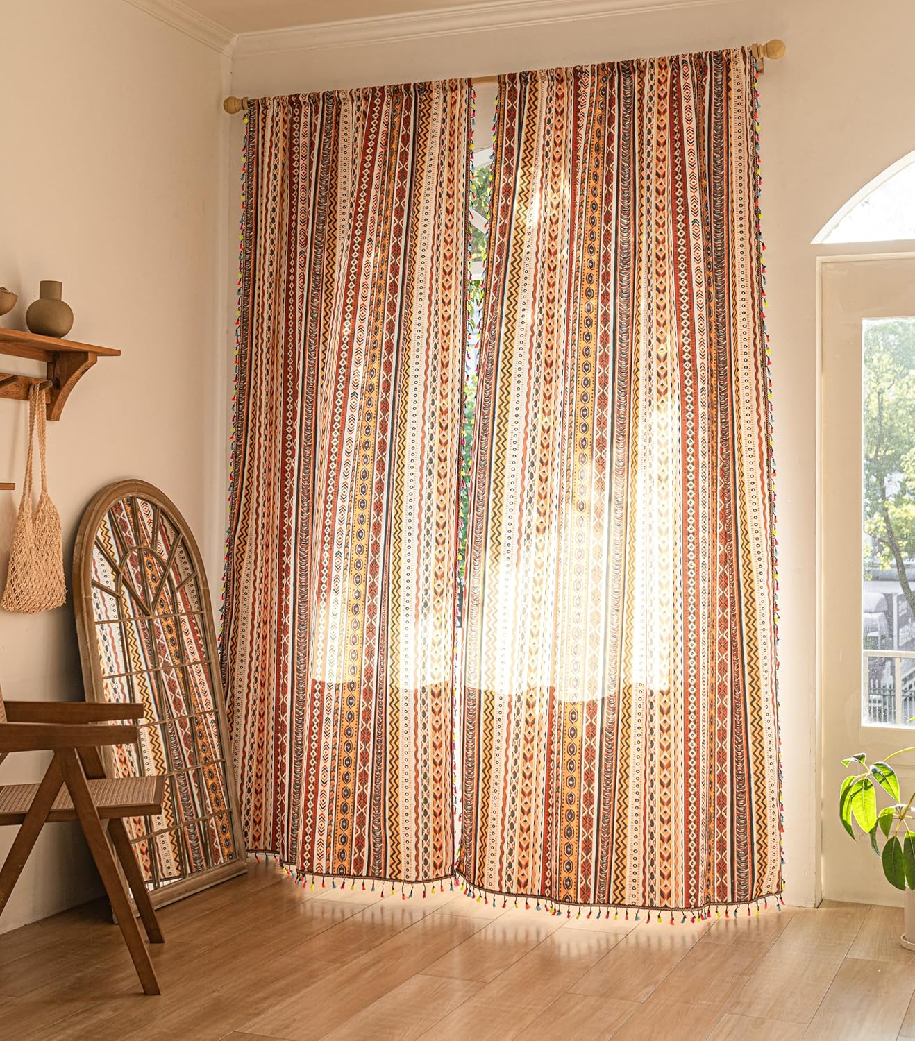 Boho Curtains for Living Room 54 Inch Length 2 Panels, Light Filtering Farmhouse Window Curtains with Tassels, Geometric Stripe Drapes for Bedroom