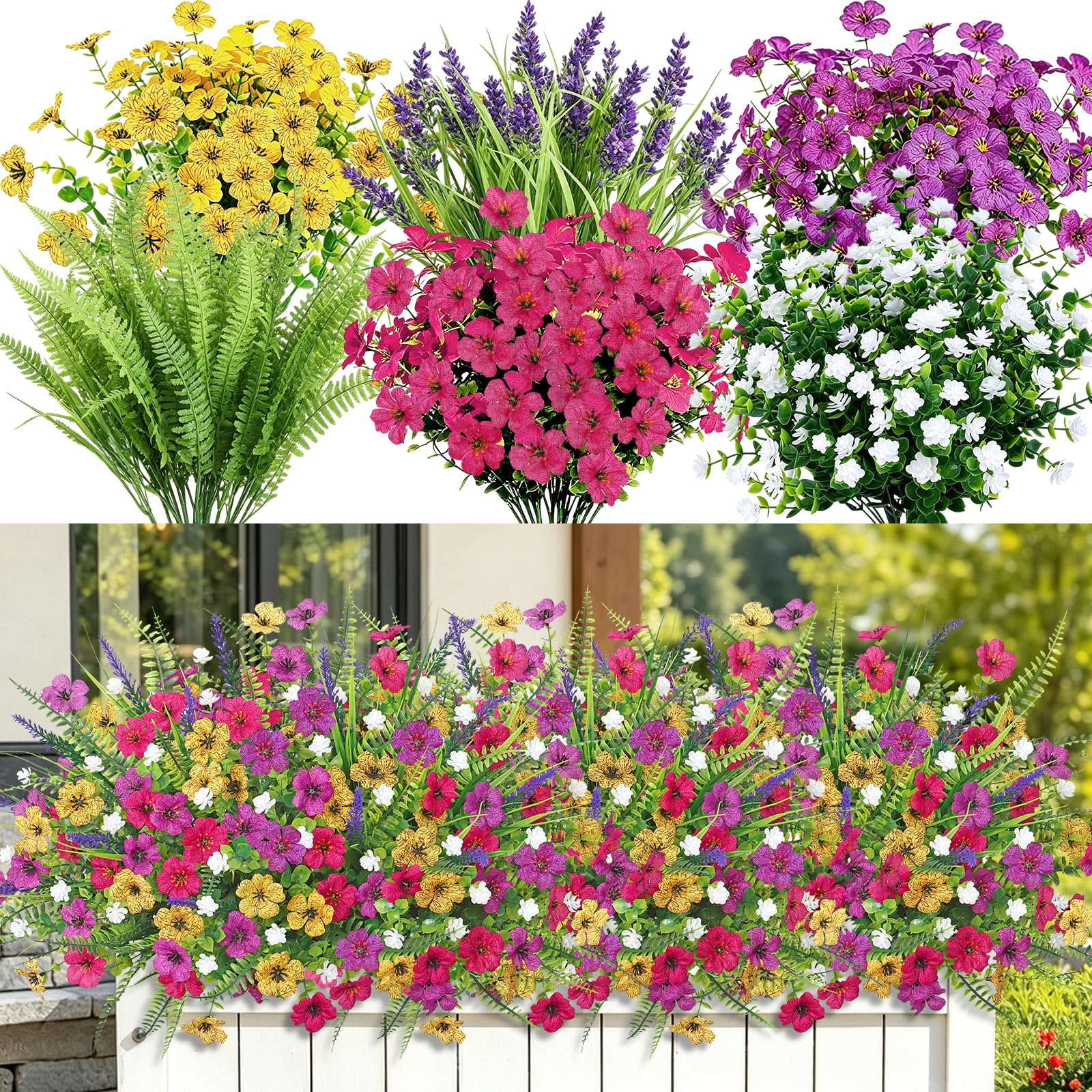 Betylifoy 12 paquetes de flores artificiales para exterior, flores artificiales como plantas de balcón reales, resistentes a la intemperie, resistentes a los rayos UV, flores artificiales, primavera