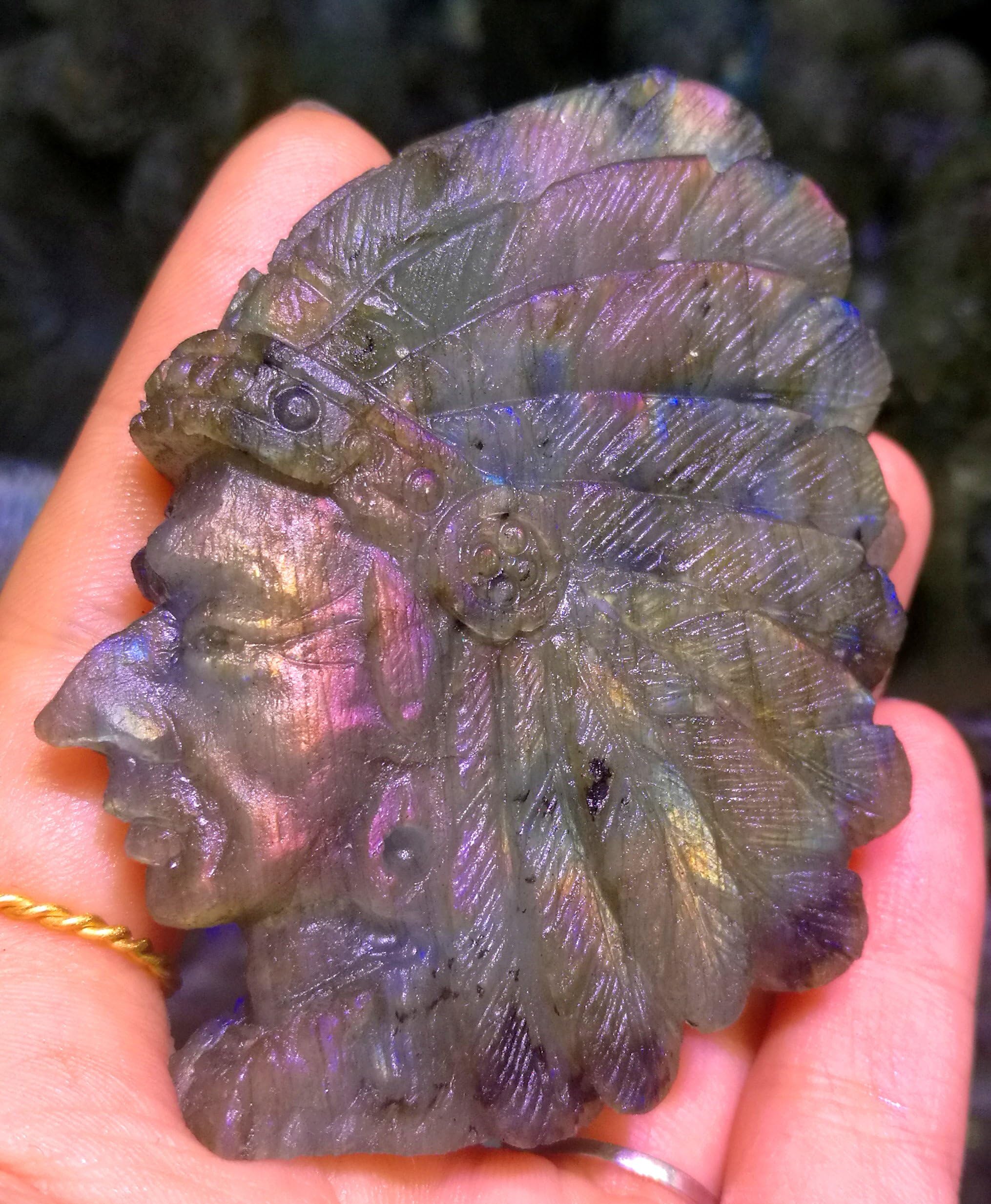 1 Pcs 100% 71mm 2.8 Inchs Hand Carved Gemstone Labradorite Indian Head Statue Figurine Collectible Decor, Decoration for Home & Car