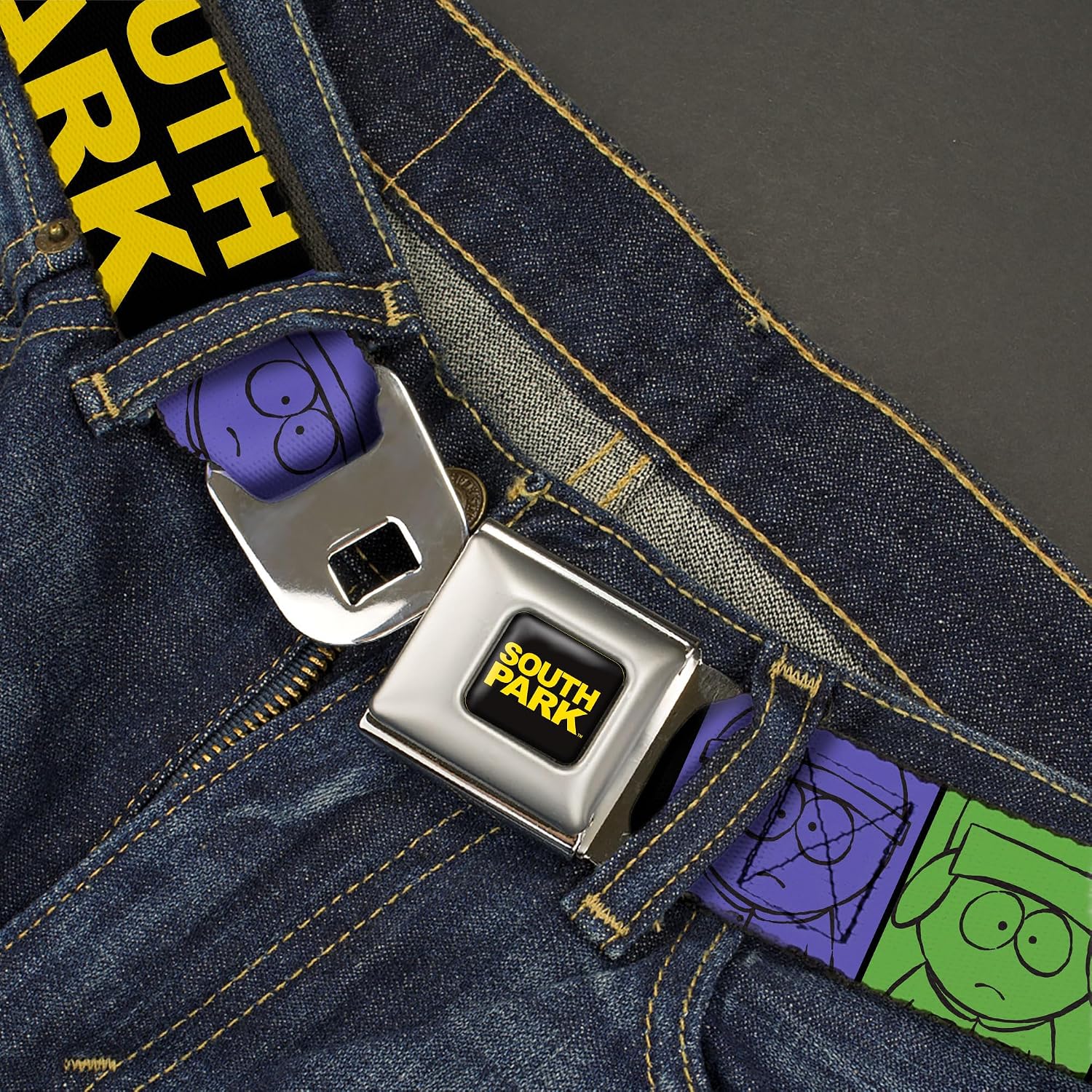Paramount Network Belt, Seatbelt Buckle Belt, South Park Boys Face Drawing and Title Logo Color Block Multi, Adjustable