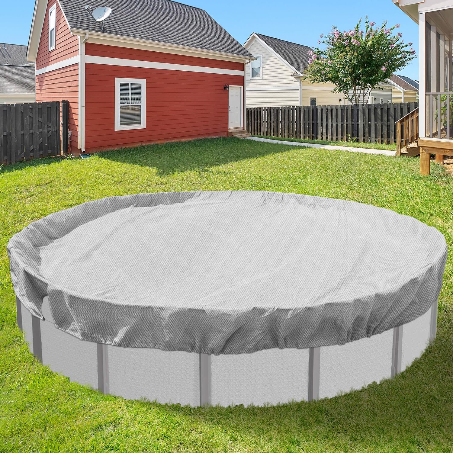 22 ft Winter Pool Covers with Clips fits 18 ft Above Ground Pools Safety Cover with Drawstring Weather Protective Tarp for Outdoor Pools Furniture Garage, Light Gray