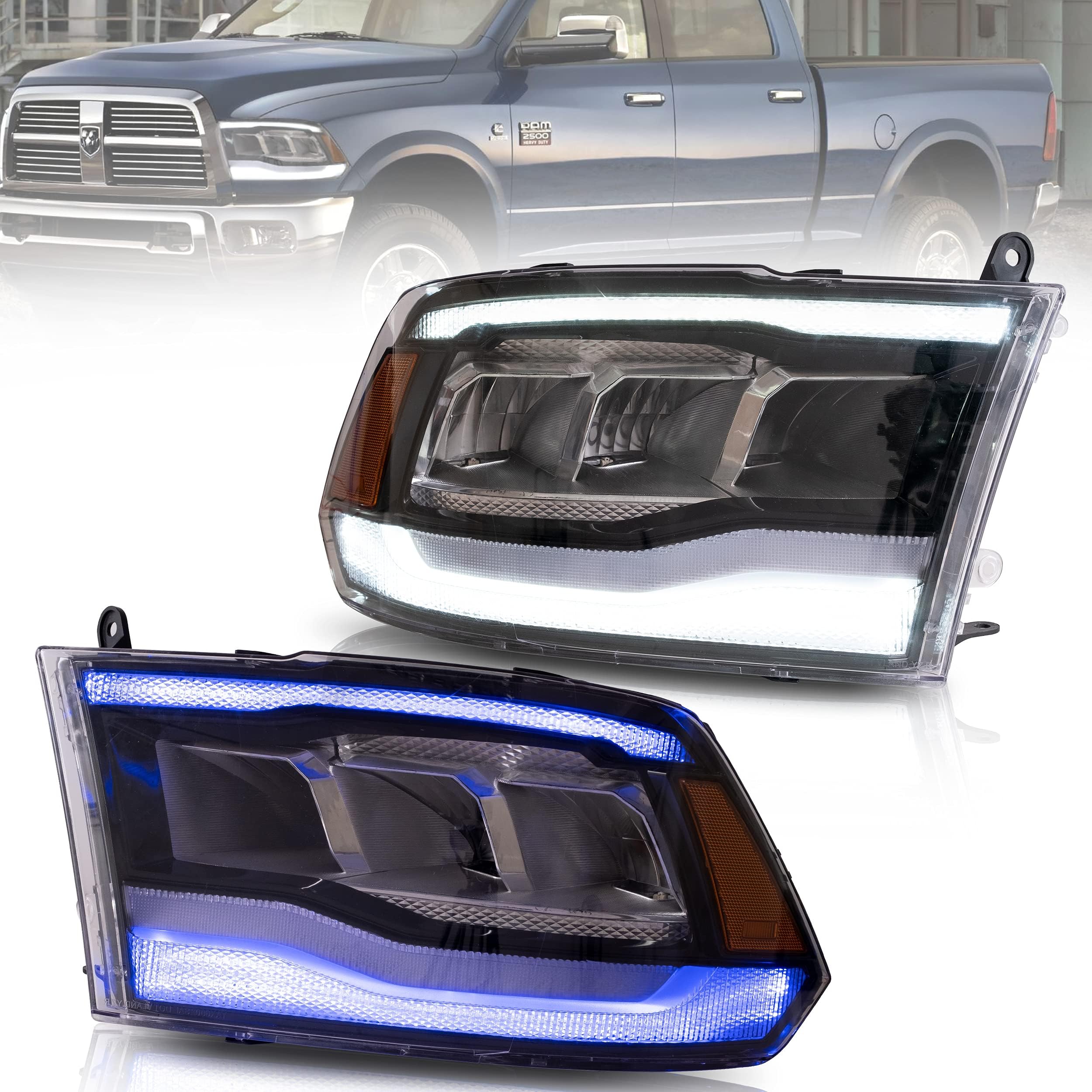 VLAND LED Headlight Fit for 2009-2018 Dodge RAM 1500/2500/3500, 2019-2021 RAM Classic 1500 Headlights with Dynamic DRL and Breathe Effect, Amber