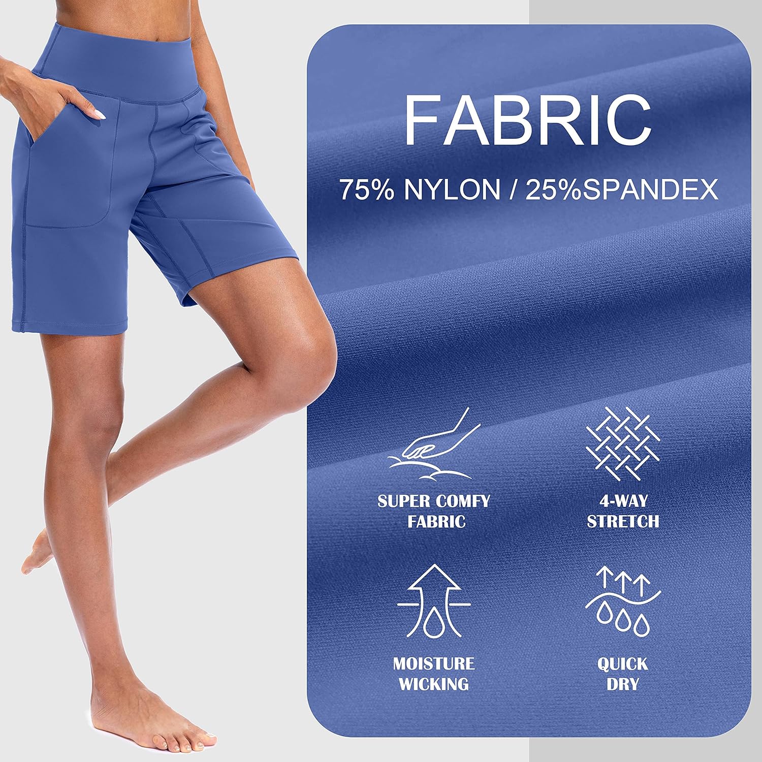 SANTINY Women's Athletic Bermuda Shorts High-Waisted Long Shorts for Women Running Yoga Lounge with Pockets - Image 5