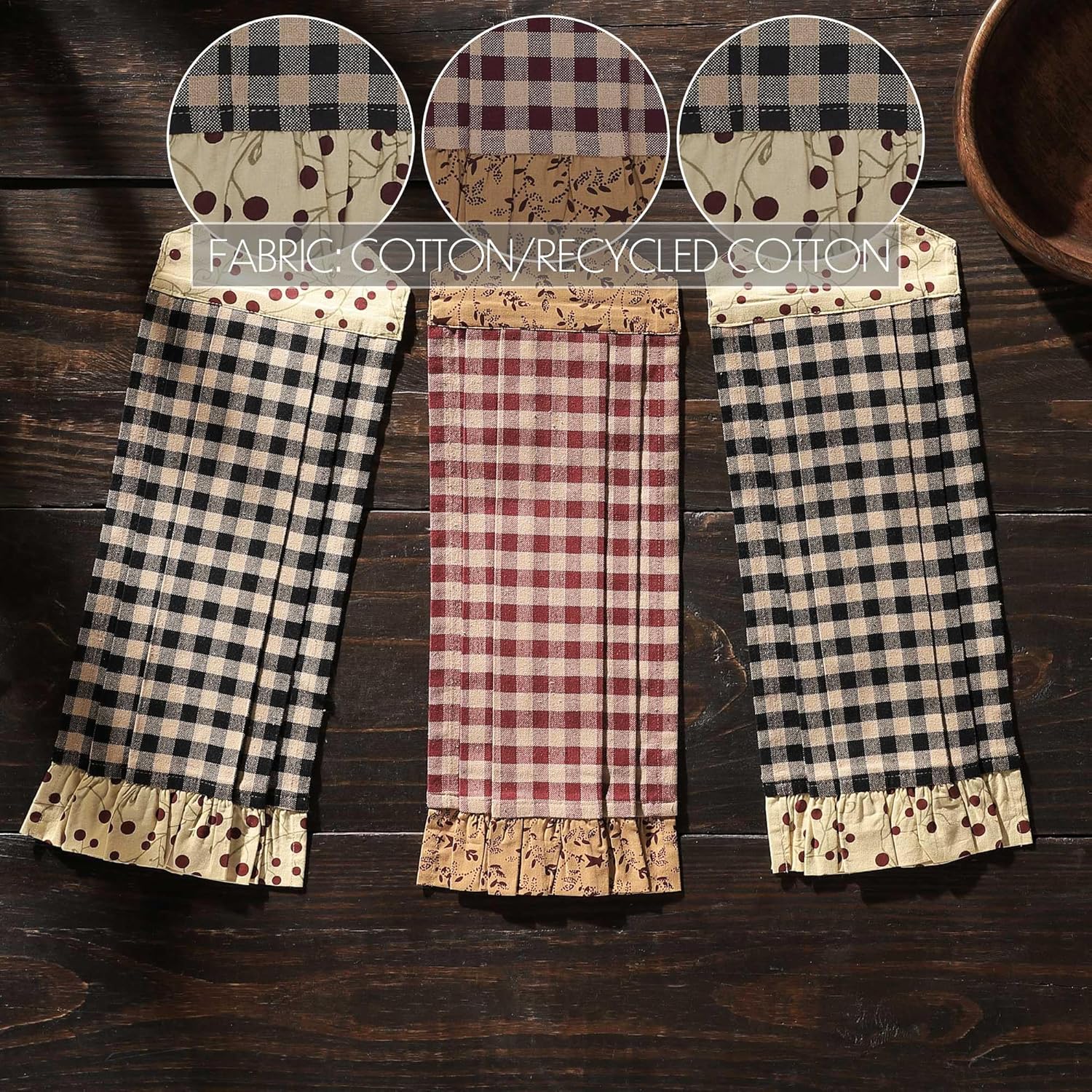 Rustic Checkered Cotton Button Loop Kitchen Towel Set of 3