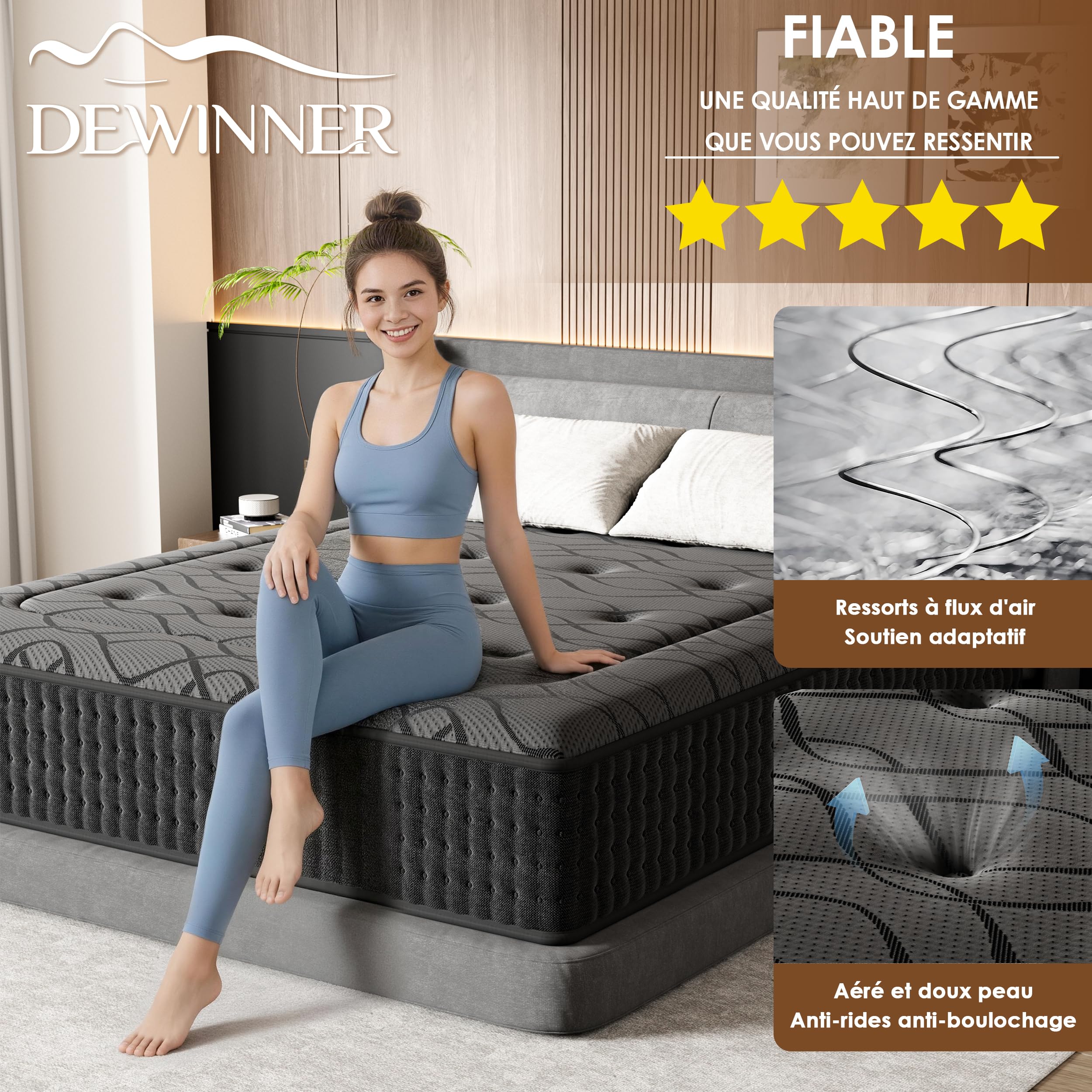 DEWINNER Matelas 160x200丨Épais 25 cm丨Soutien Mousse à mémoire de Forme | Accueil Gris Dermophile丨Confort Ferme丨Respirant 7 Zones丨Ressorts Ensachés Individuels丨Haute Densité