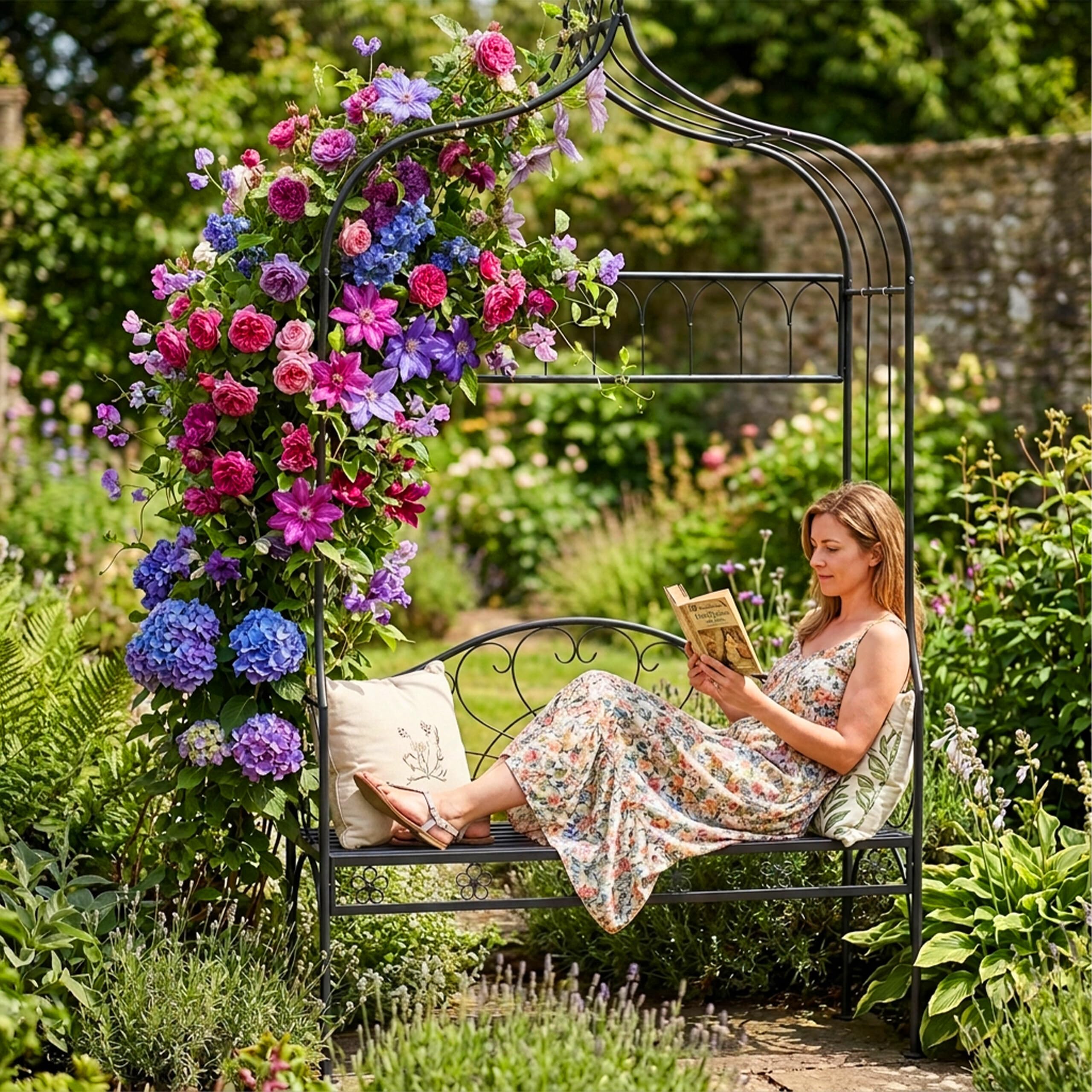 Relaxdays Arche à Roses avec Banc, métal, pour Jardin, H x L x P : 220 x 122 x 43 cm, Arche Stable pour grimpantes, Noir
