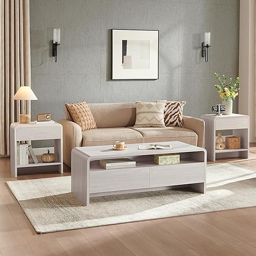 AMERLIFE 3-Piece Living Room Table Set, Includes Coffee Table & 2 End Tables, Modern Coffee Table Sets with Large Storage Drawers & Smooth Rounded Edges, White