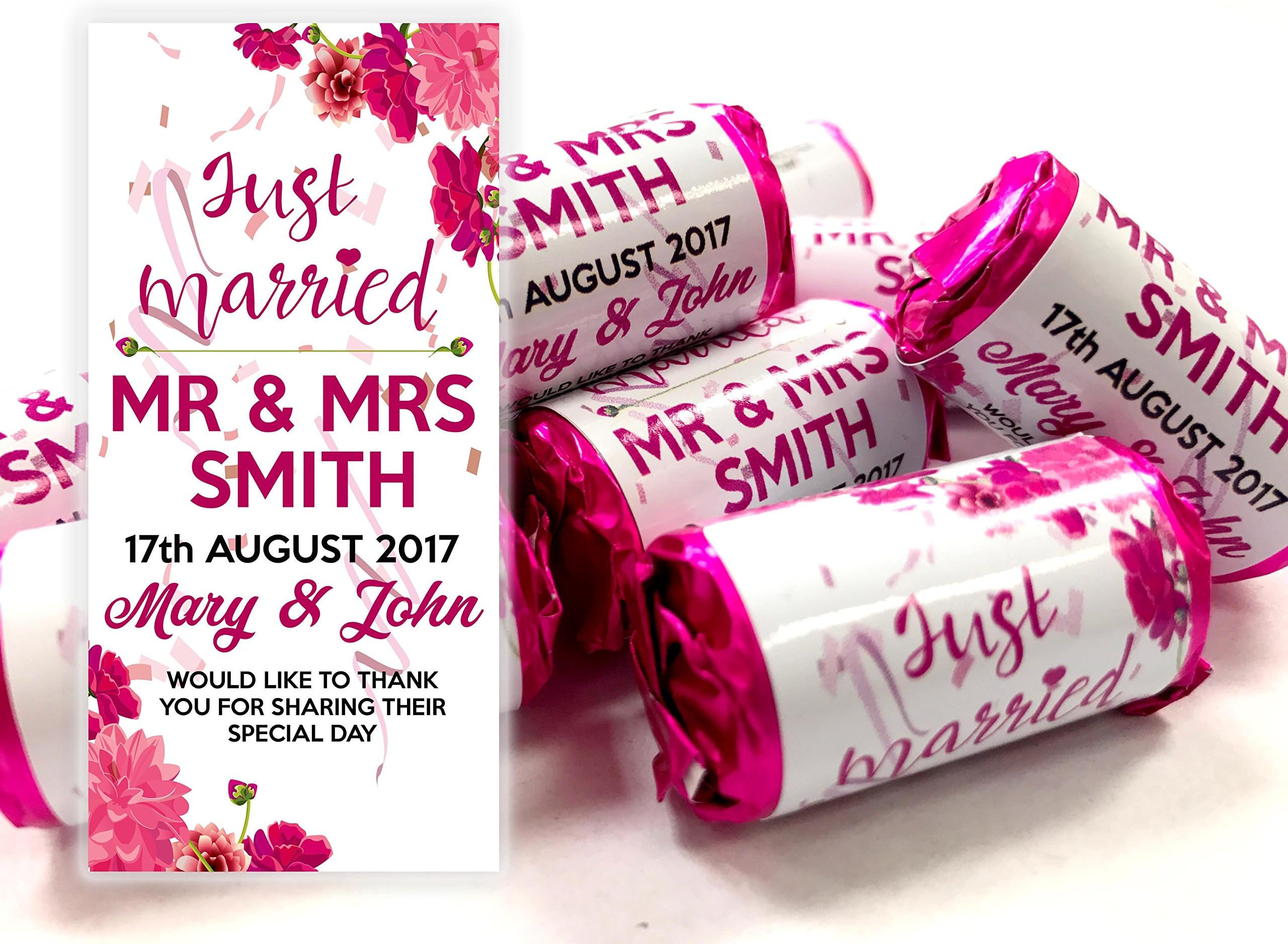 Personalised Mini Love Hearts Wedding Favours Just Married for Guests Gift Thank You Table Favours. Each roll Contains 7 Individual Sweets Suitable for Vegetarians (150)