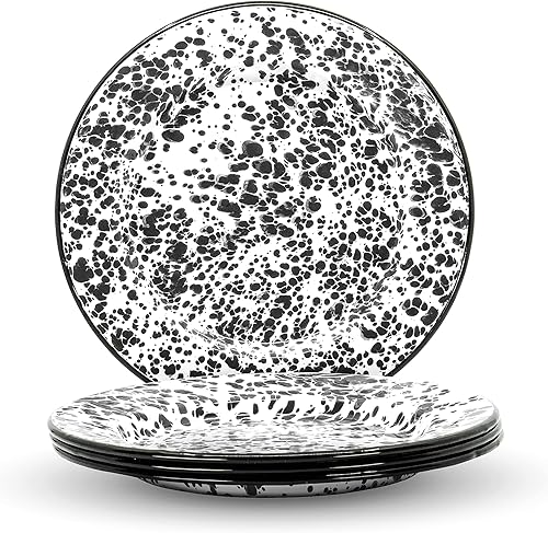 Red Co. Juego de 4 platos redondos clásicos de metal esmaltado de 10 pulgadas, mármol amarilloborde negro, diseño de salpicaduras