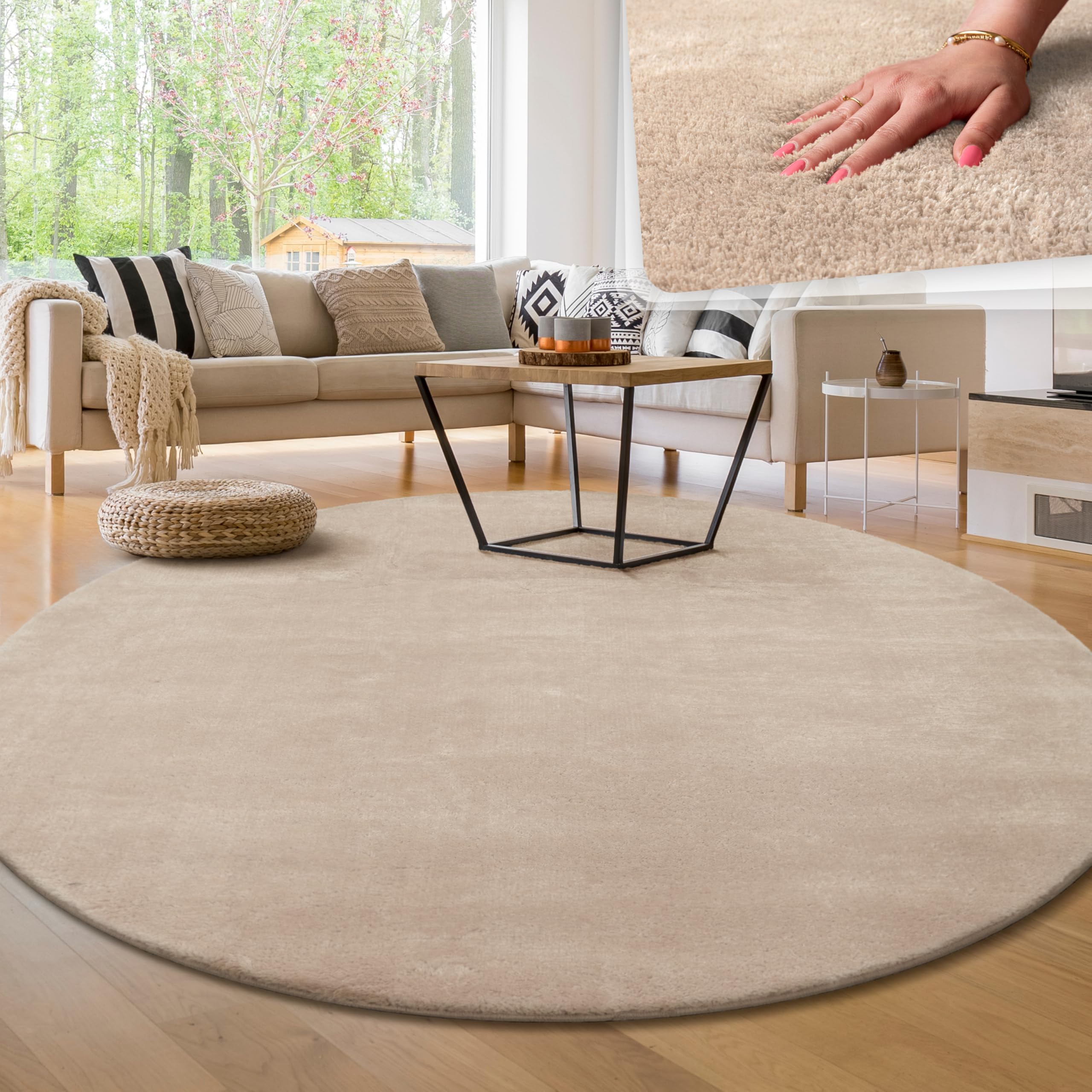 Tapis rond salon facile à nettoyer pour sol beige moderne et propre