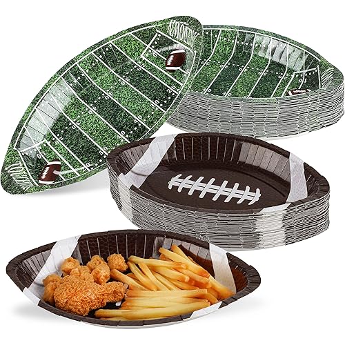 durony 50 Pieces Football Serving Trays 11.5 Inch Football Party Oval Paper Plates Football Shaped Disposable Paper Plates for Football Birthday Party and Super Bowl Game Day Decorations