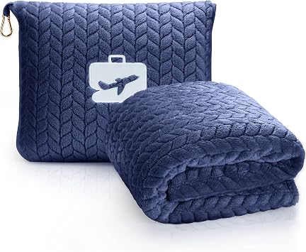 EverSnug Travel Blanket & Pillow 68x42 - Premium Ultra-Soft Microfleece 2 in 1 Compact & Packable Flight Blanket with Soft Bag Pillowcase, Hand Luggage Sleeve and Backpack Clip Navy Blue