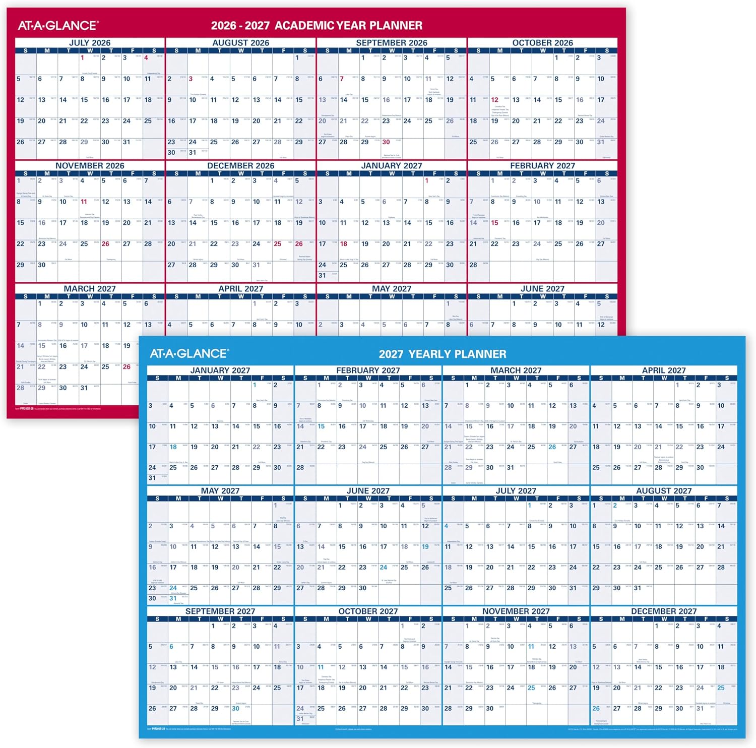 AT-A-GLANCE Dry Erase Calendar 2026-2027 Academic & Regular Year Wall Planner, 12-Month, 36" x 24", Double Sided, Horizontal (PM200P28)