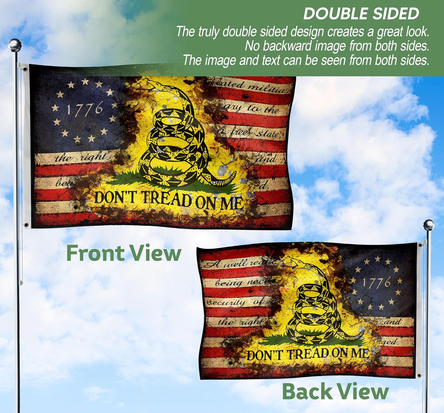 Don't Tread On Me Flag, 1776 Flag Indoor Outdoor Home Decor Vintage American Flag Distressed 2-sided Print (3x5 ft)