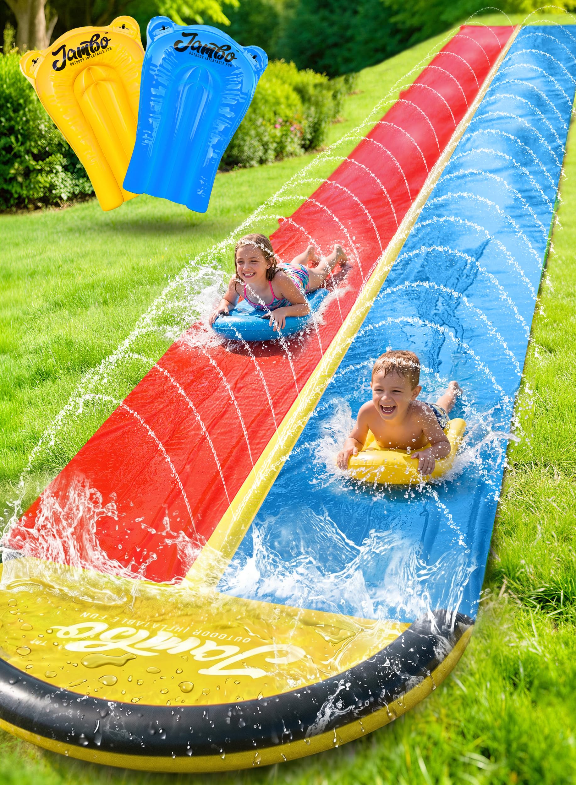 JAMBO 25ft Double Lane Slip Splash and Slide with 2 Bodyboards with Built in Sprinkler for Backyard Outdoor Water Fun for Kids