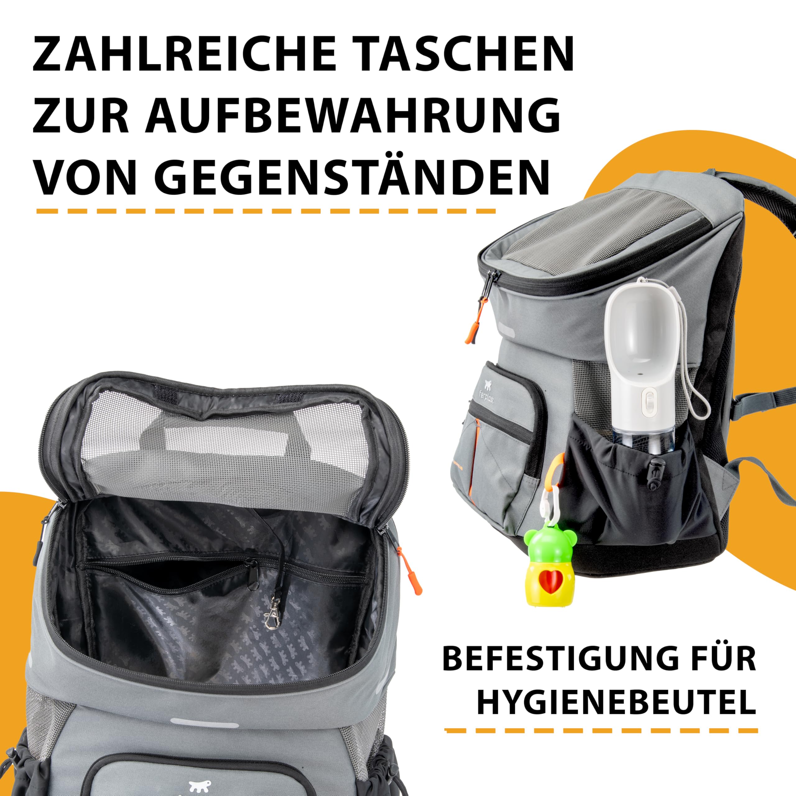Ferplast Hunderucksack Voyager Backpack, Katzenrucksack, Hundetasche, Hundebox, Weite Öffnung, verstellbare Gurte, Sicherheitsgurt, mit Kissen, max. 10 kg, 29 x 21 x 36 H, Grau