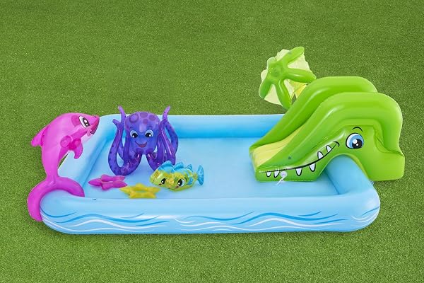 The Bestway Fantastic Aquarium Play Center featuring playful sea creature inflatables and a removable slide.